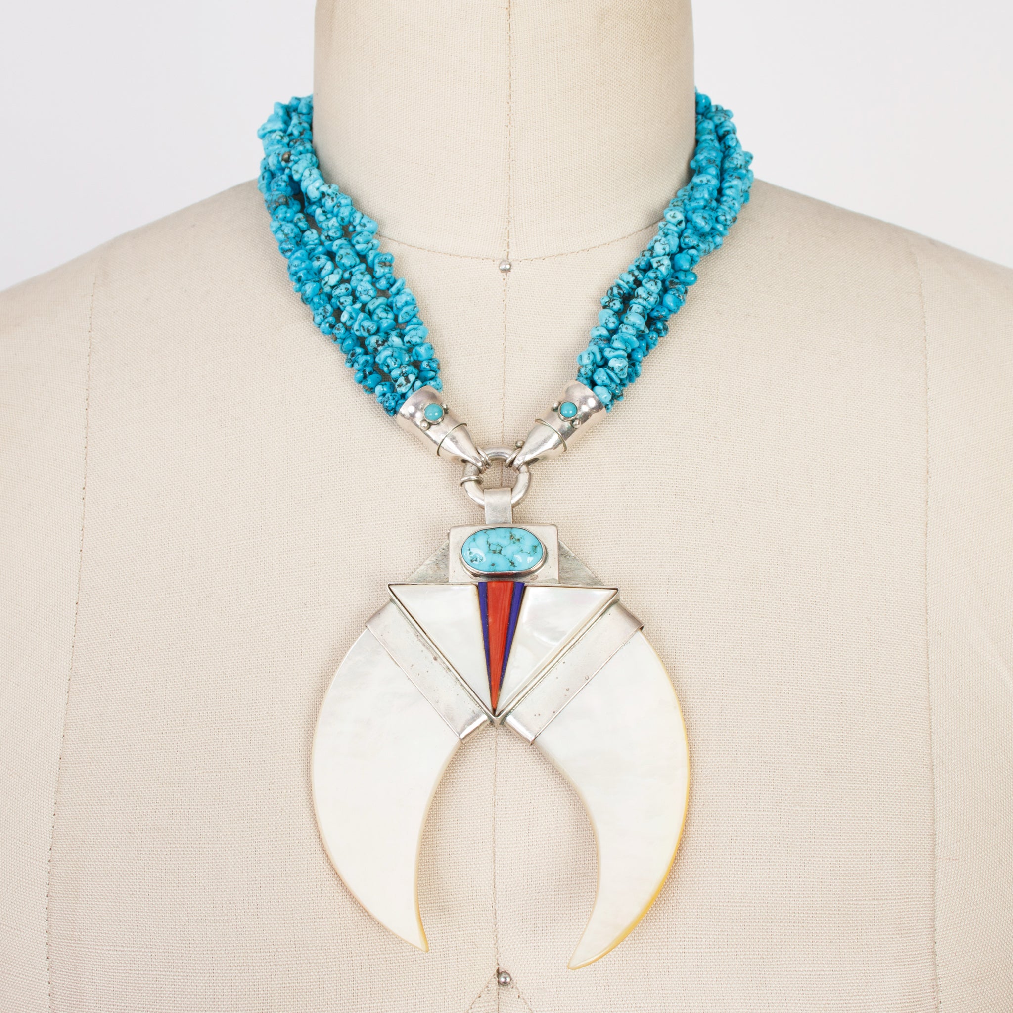 Sterling, Mother of Pearl & Turquoise Squash Blossom Necklace