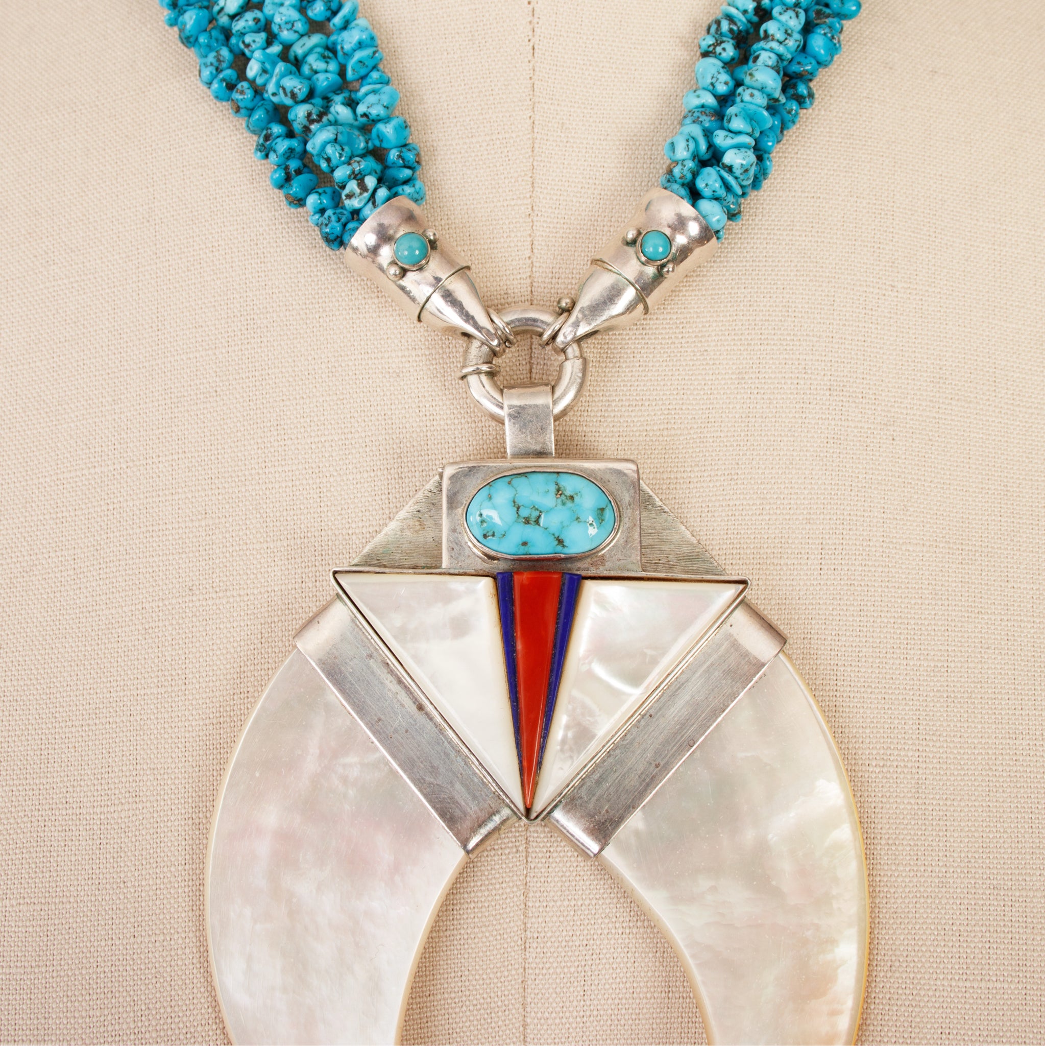 Sterling, Mother of Pearl & Turquoise Squash Blossom Necklace
