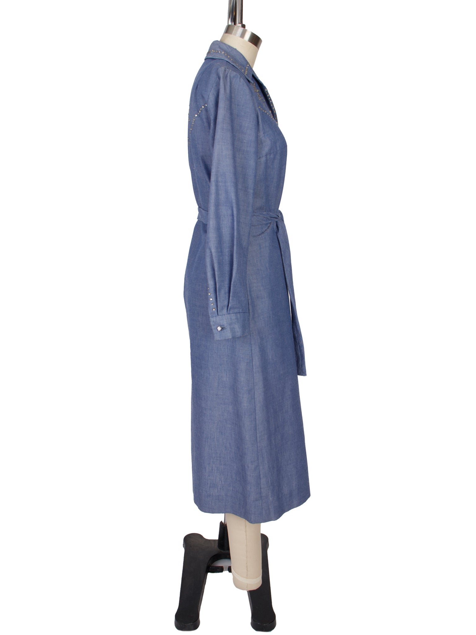 1970s Chambray & Rhinestone Trim Shirtdress