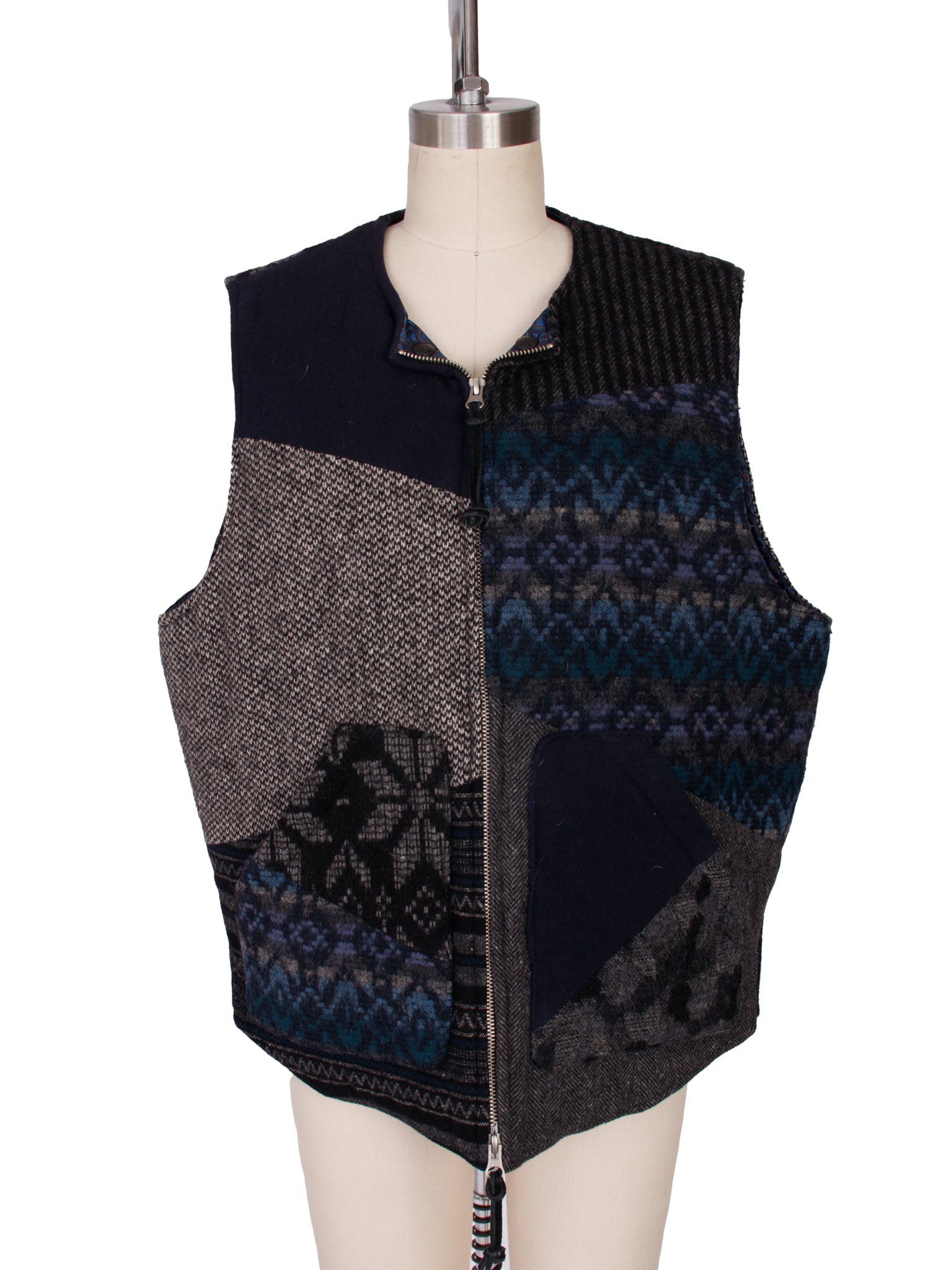 Monitaly Black & Blue Wool Patchwork Quilted Vest