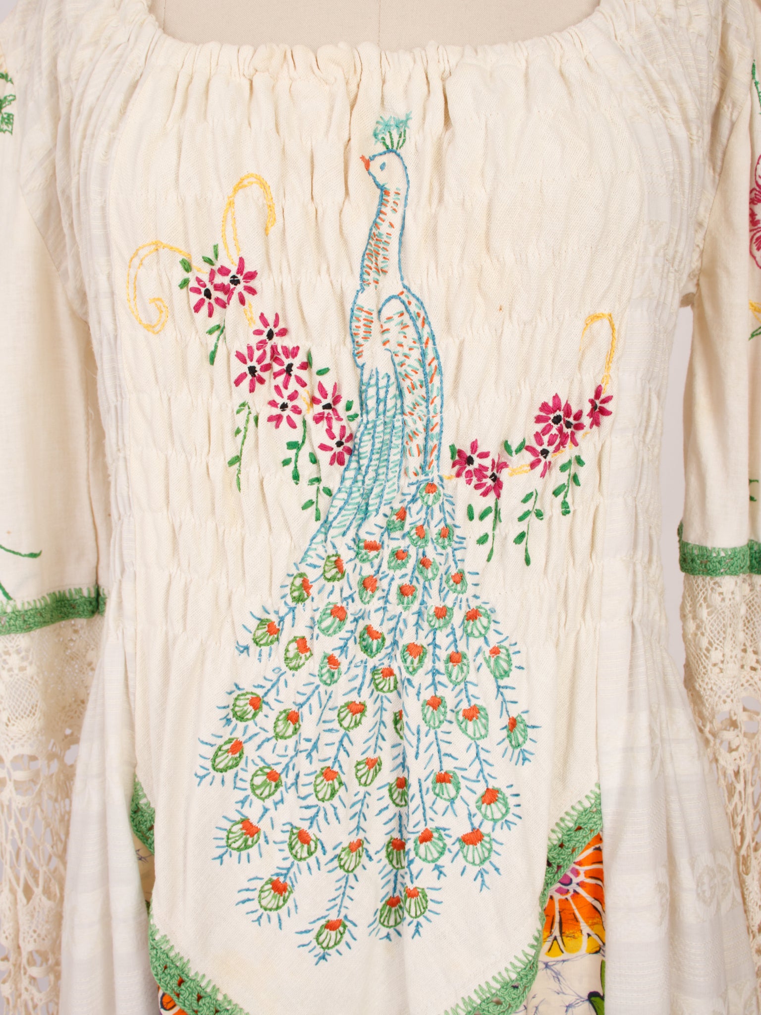 1970s Handmade Peacock Embroidered Dress
