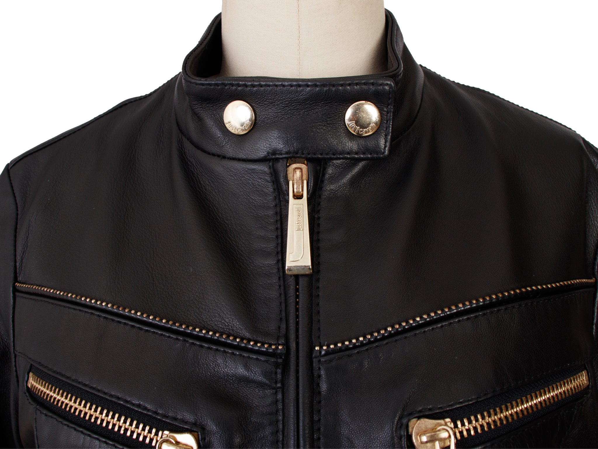 Just Cavalli Leather Gold-Tone Zipper Jacket