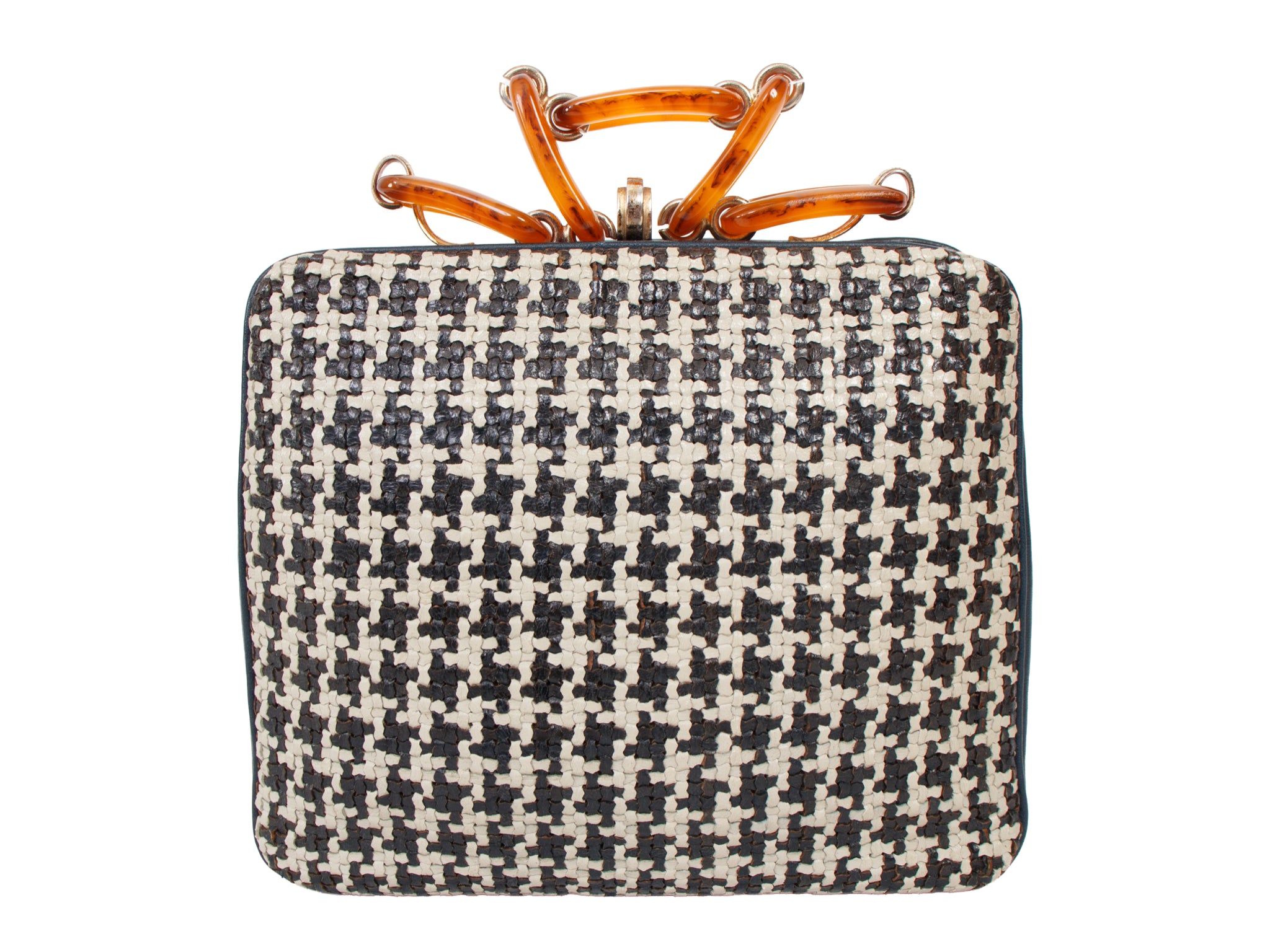 Woven Leather Houndstooth Chain Handle Frame Bag