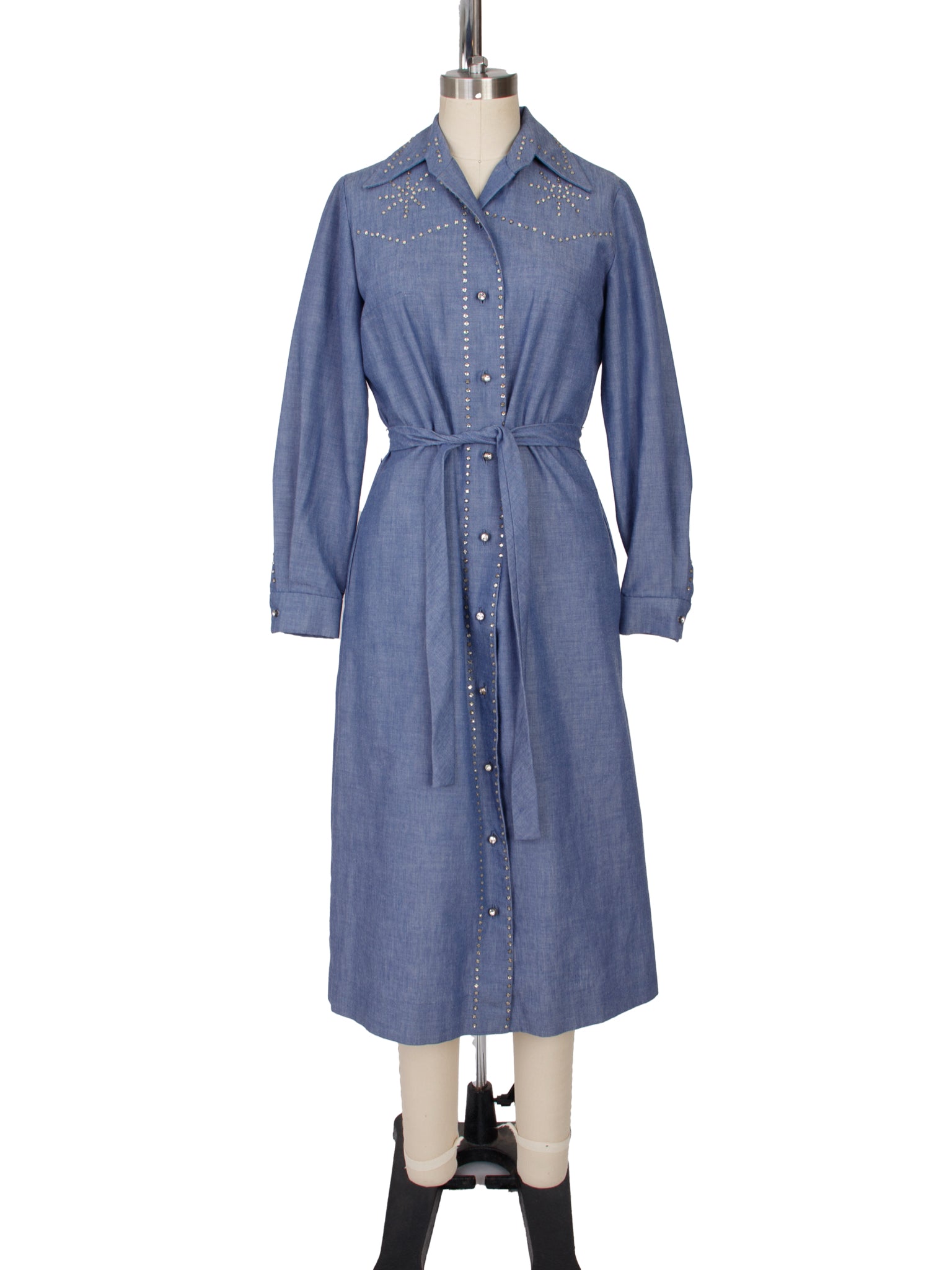 1970s Chambray & Rhinestone Trim Shirtdress
