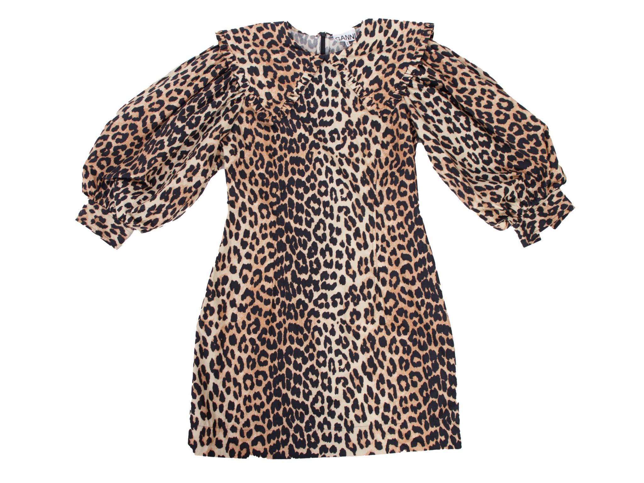 Ganni Leopard Print Ruffle Collar Dress