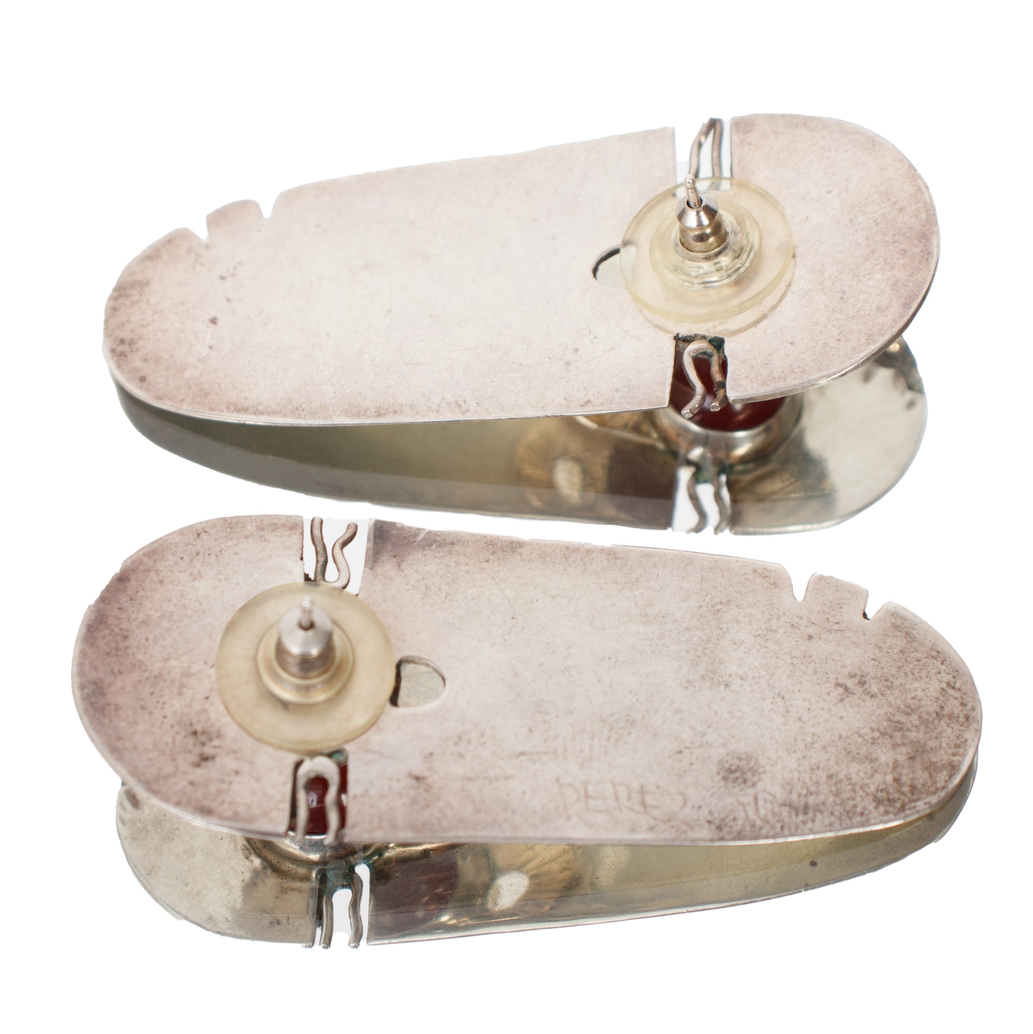 Modernist Sterling & Gold Carnelian Bezel Earrings