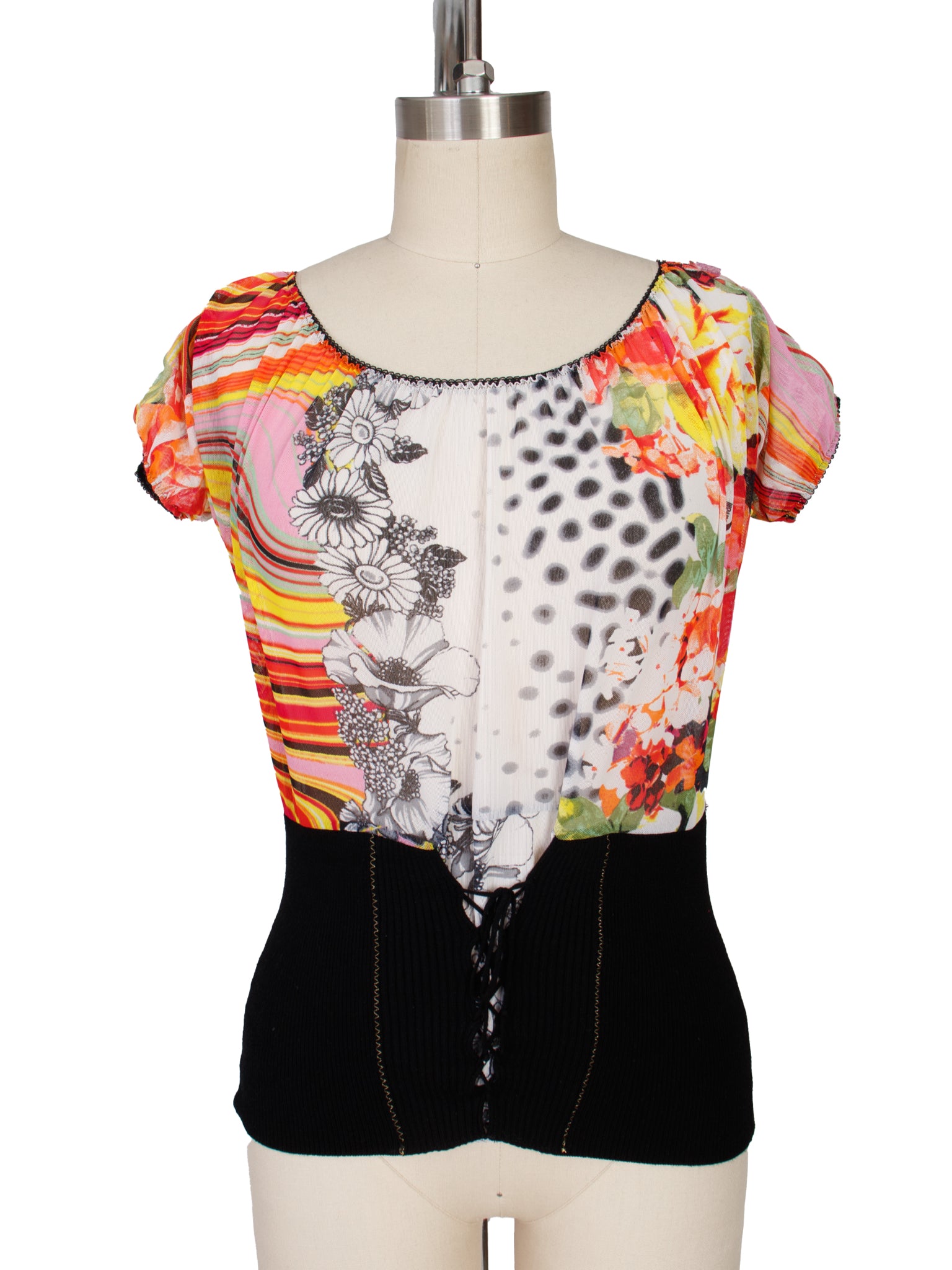 Just Cavalli Mesh Floral Lace-Up Blouse