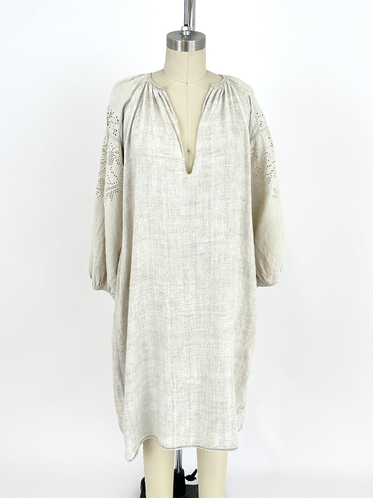 Linen Embroidered Puff Sleeve Dress