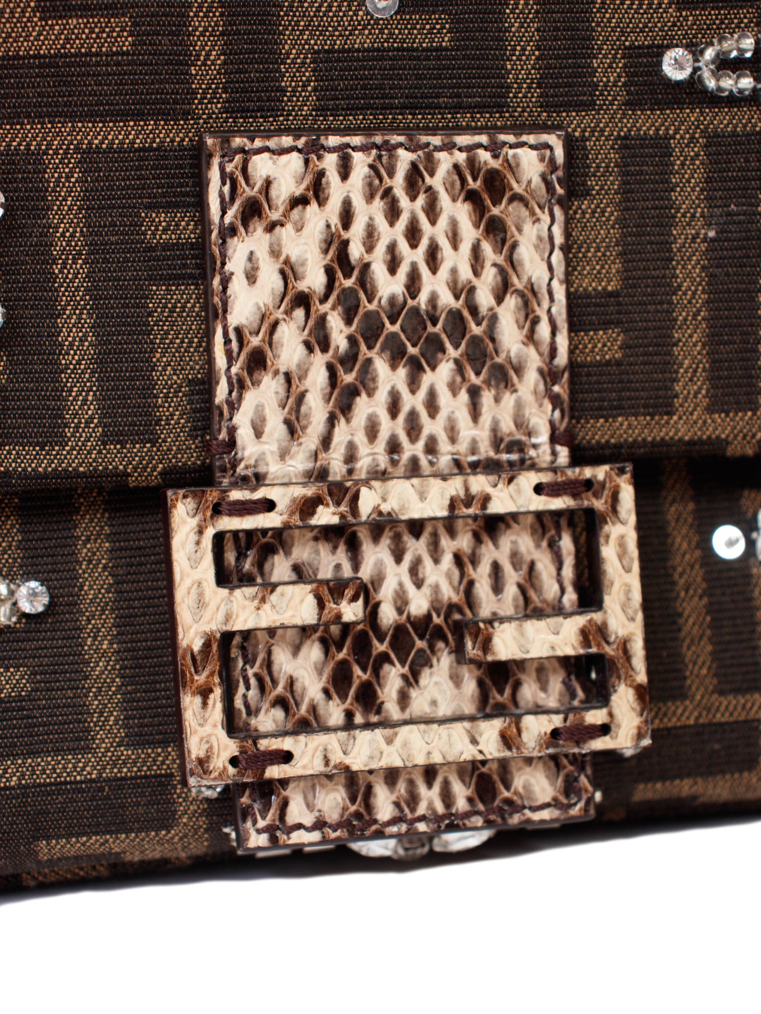 Fendi Re-Edition Zucca Crystal & Snakeskin Trim Baguette