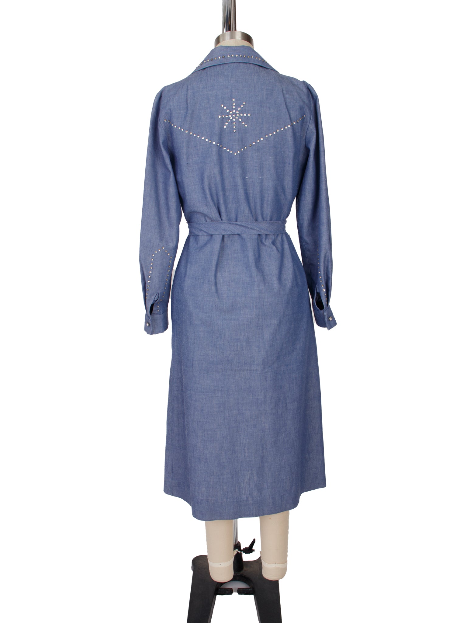 1970s Chambray & Rhinestone Trim Shirtdress