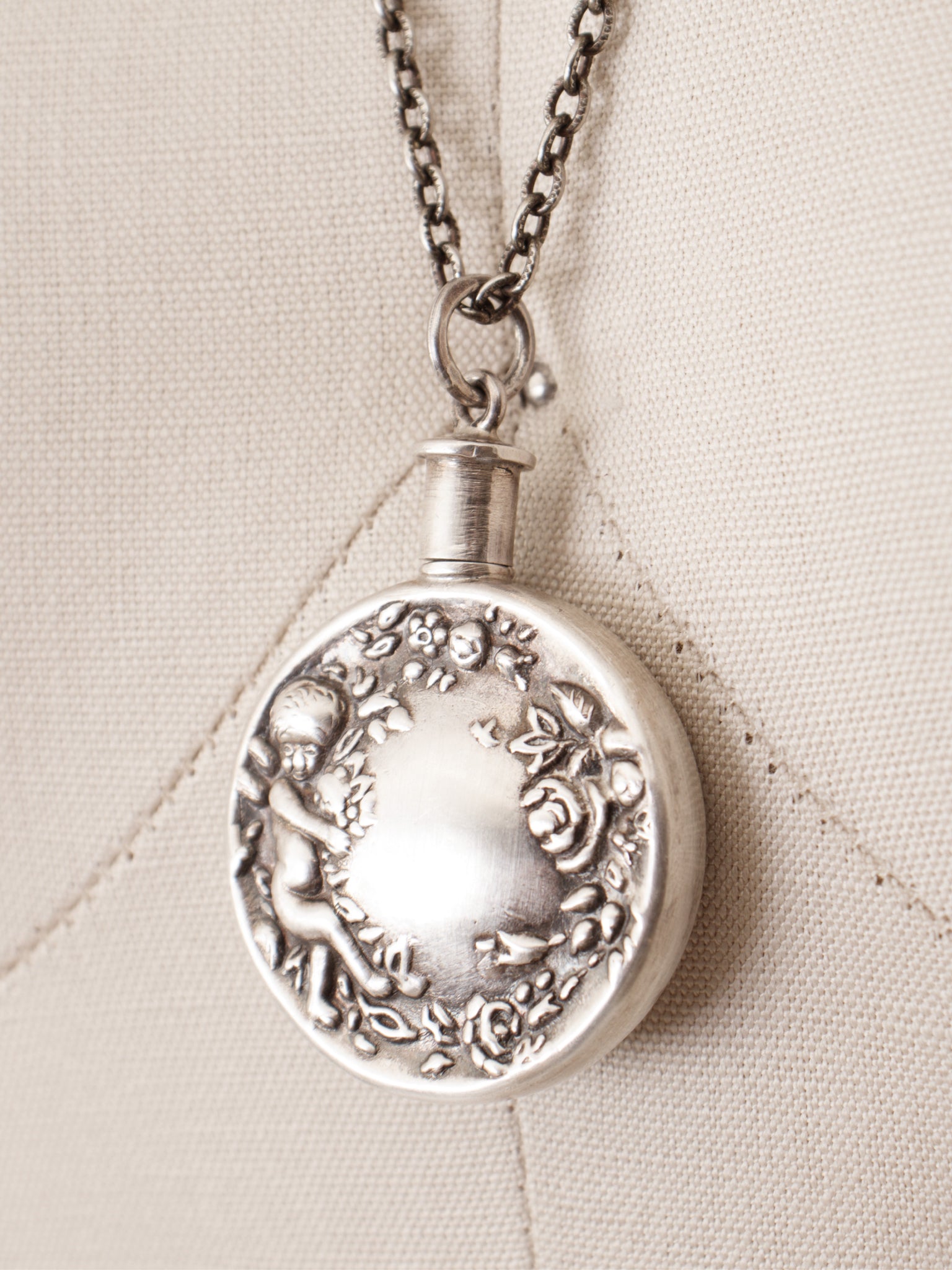 1970s Silver Cherub Perfume Bottle Pendant Necklace