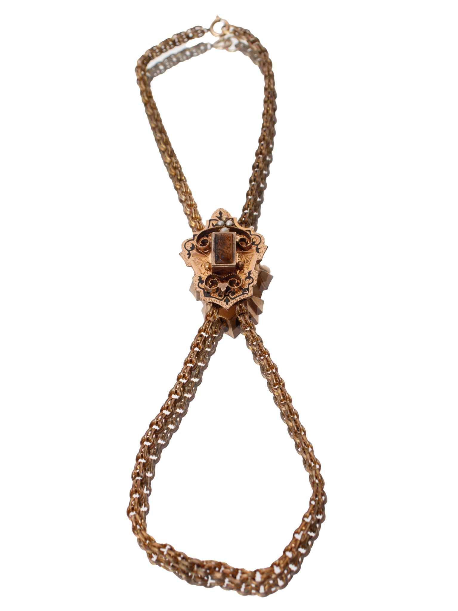 Victorian 12K Gold Fill Enamel & Seed Pearl Cameo Slider Chain Necklace