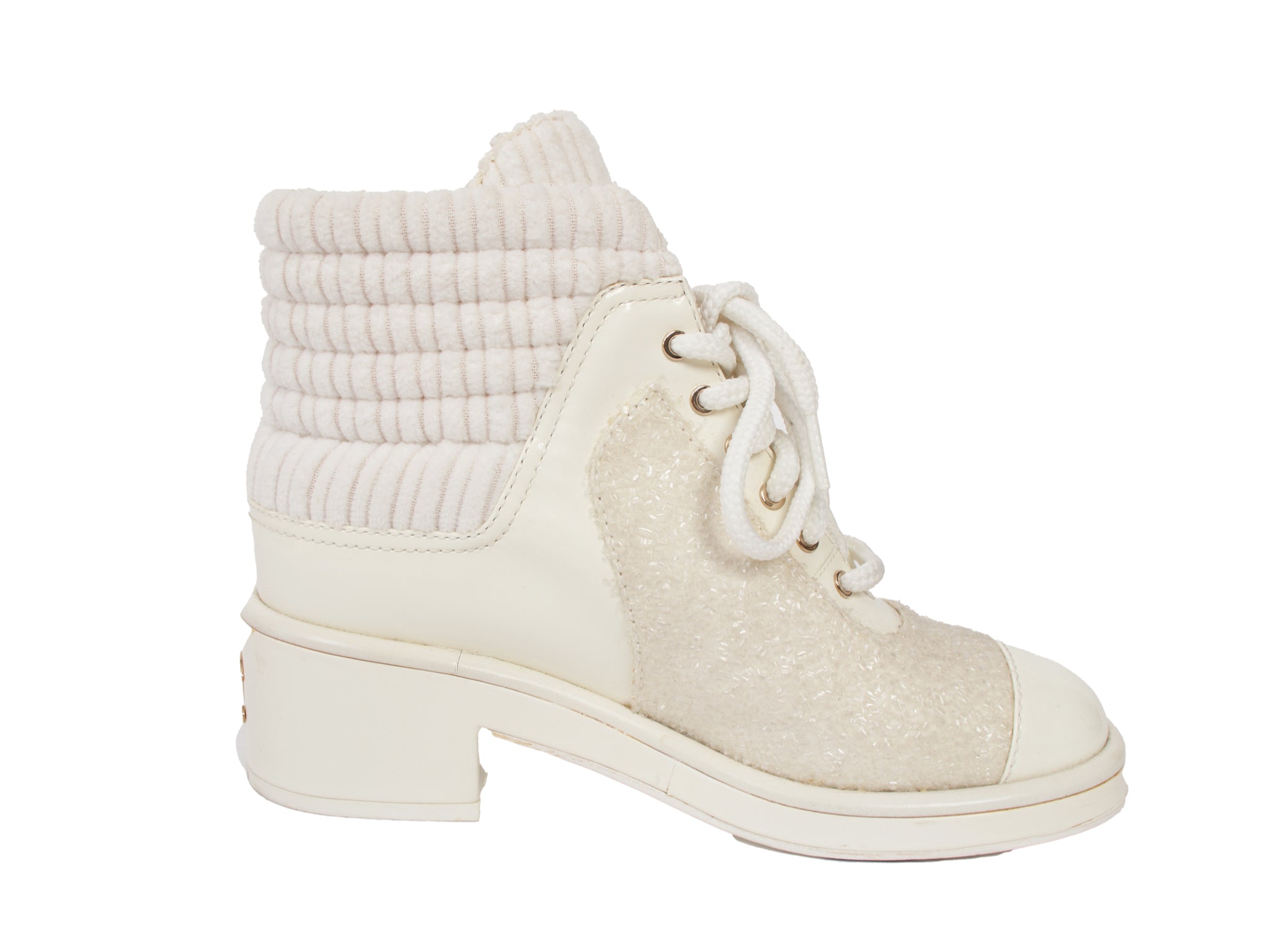 Chanel Cream Patent Tweed Combat Boots*