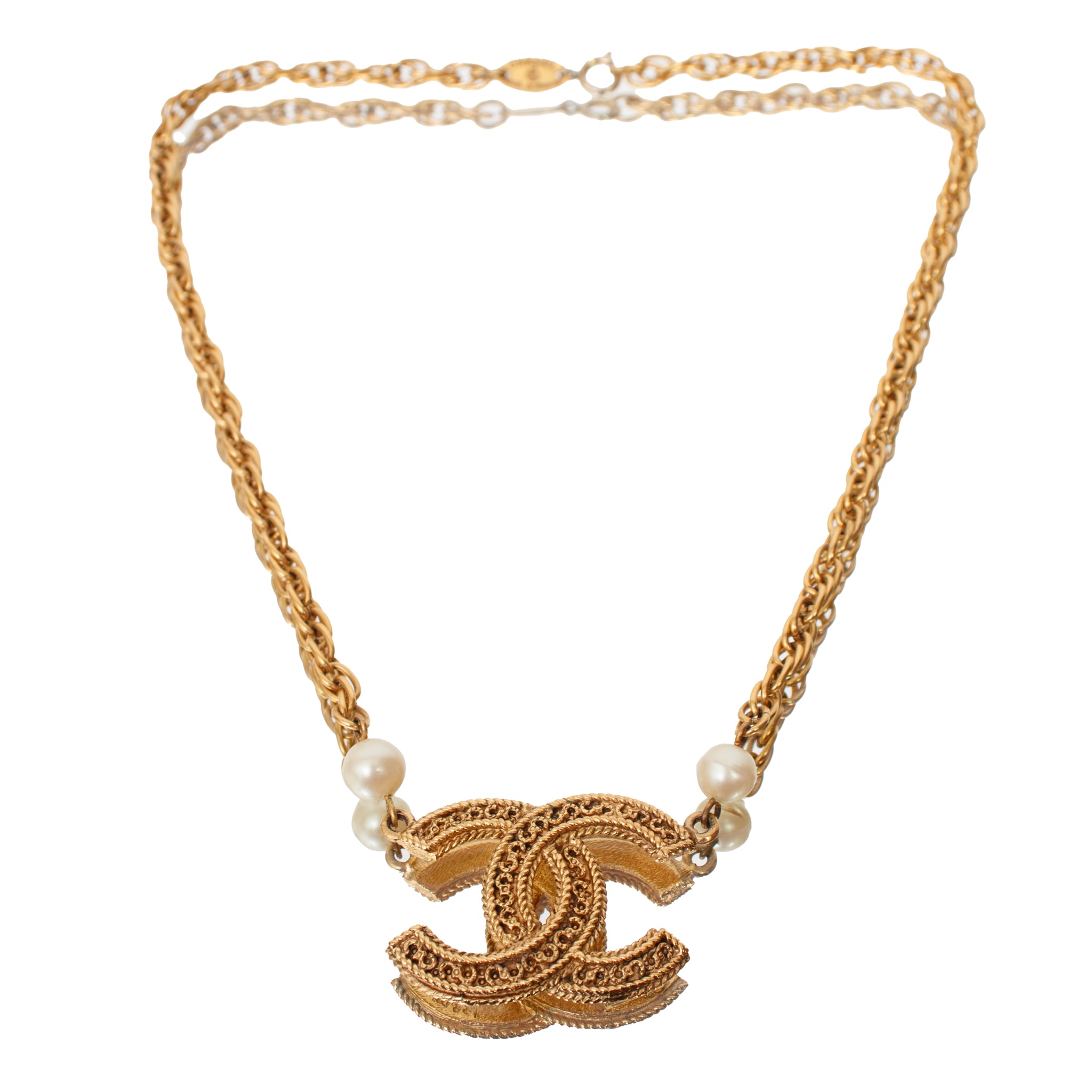 Chanel Faux-Pearl Gold-Tone CC Chain Necklace