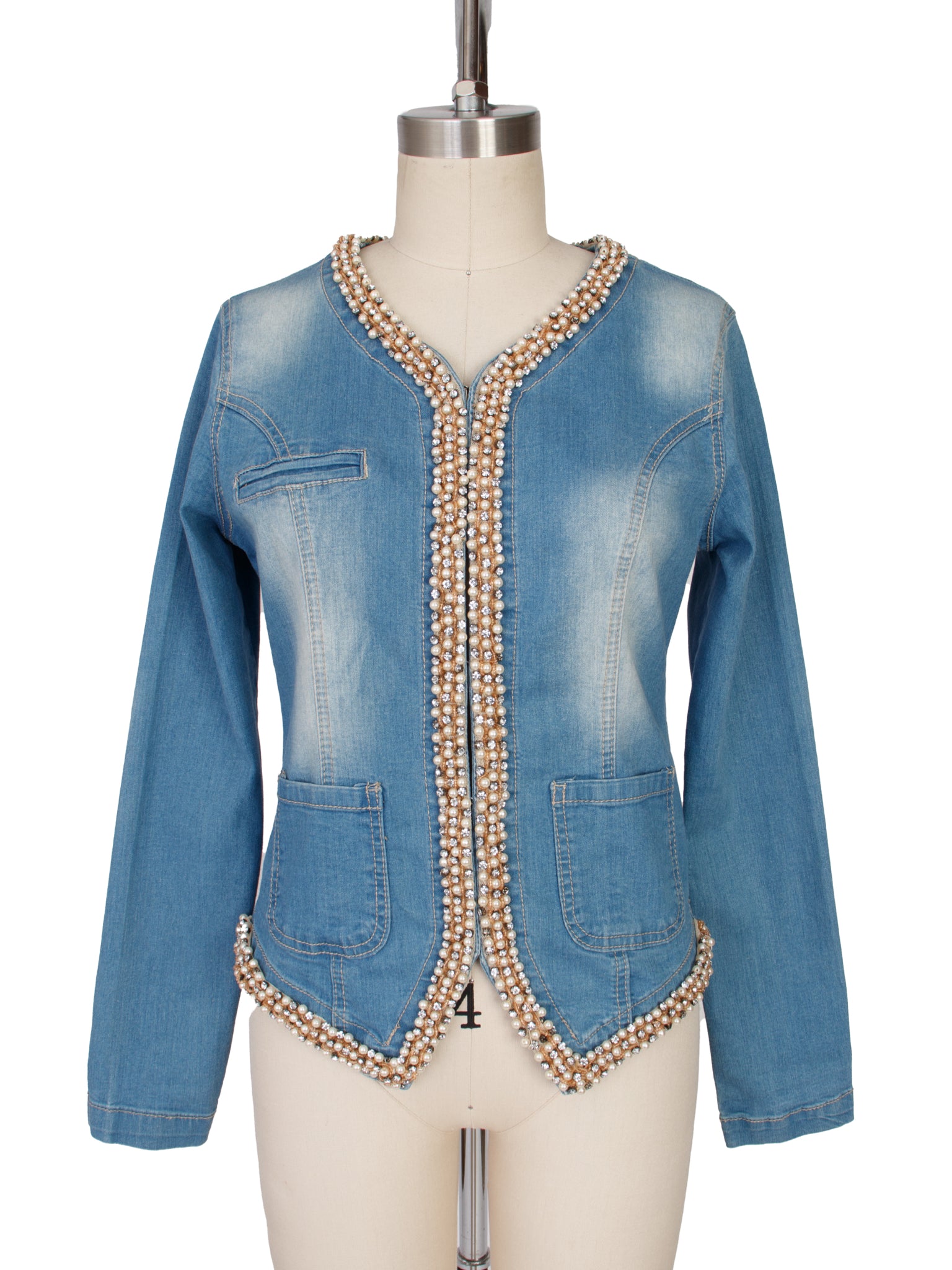 CLASS Roberto Cavalli Denim Faux Pearl & Crystal Beaded Jacket
