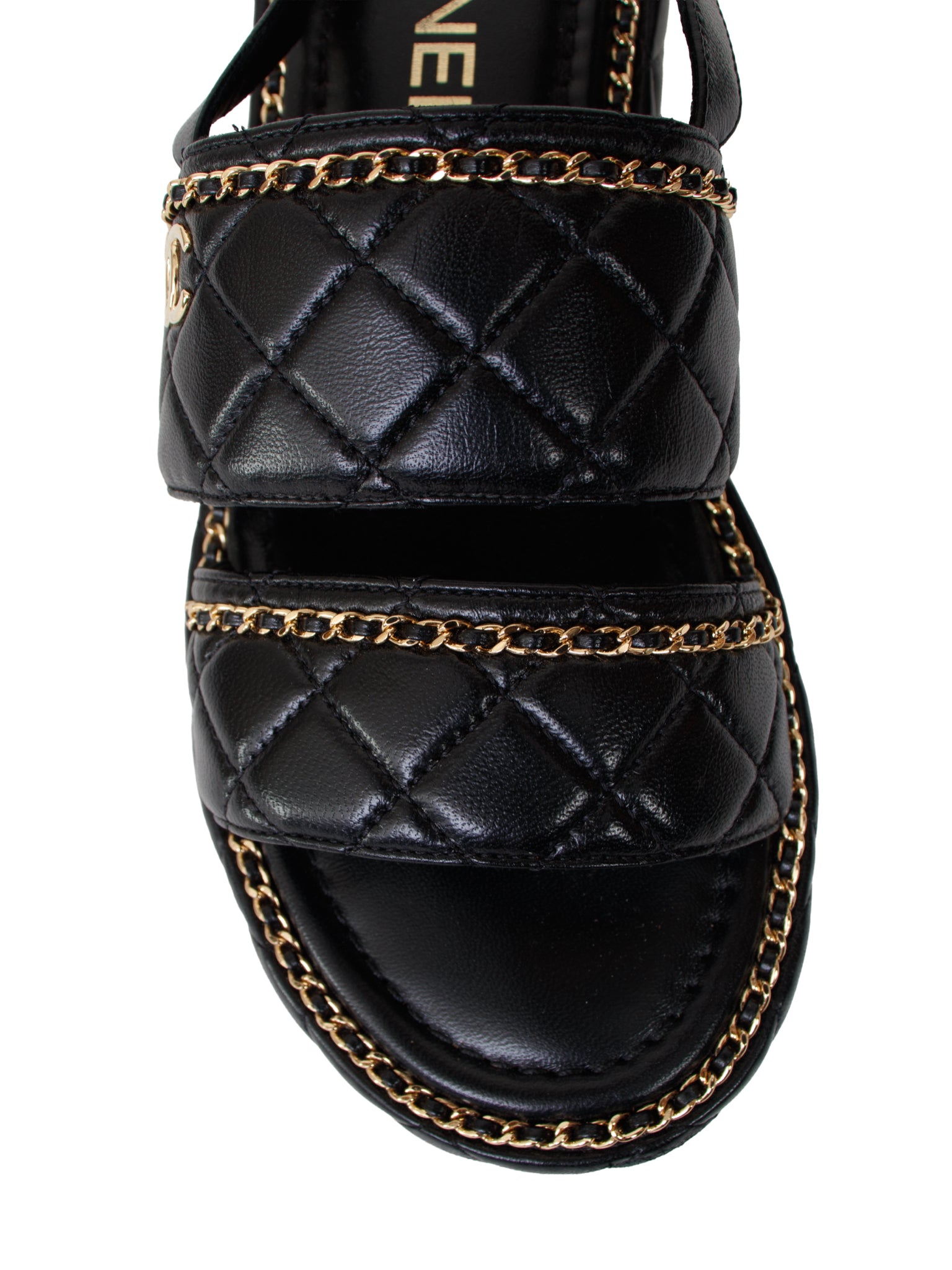 2025 Chanel Lambskin Quilted Chain Trim Sandals