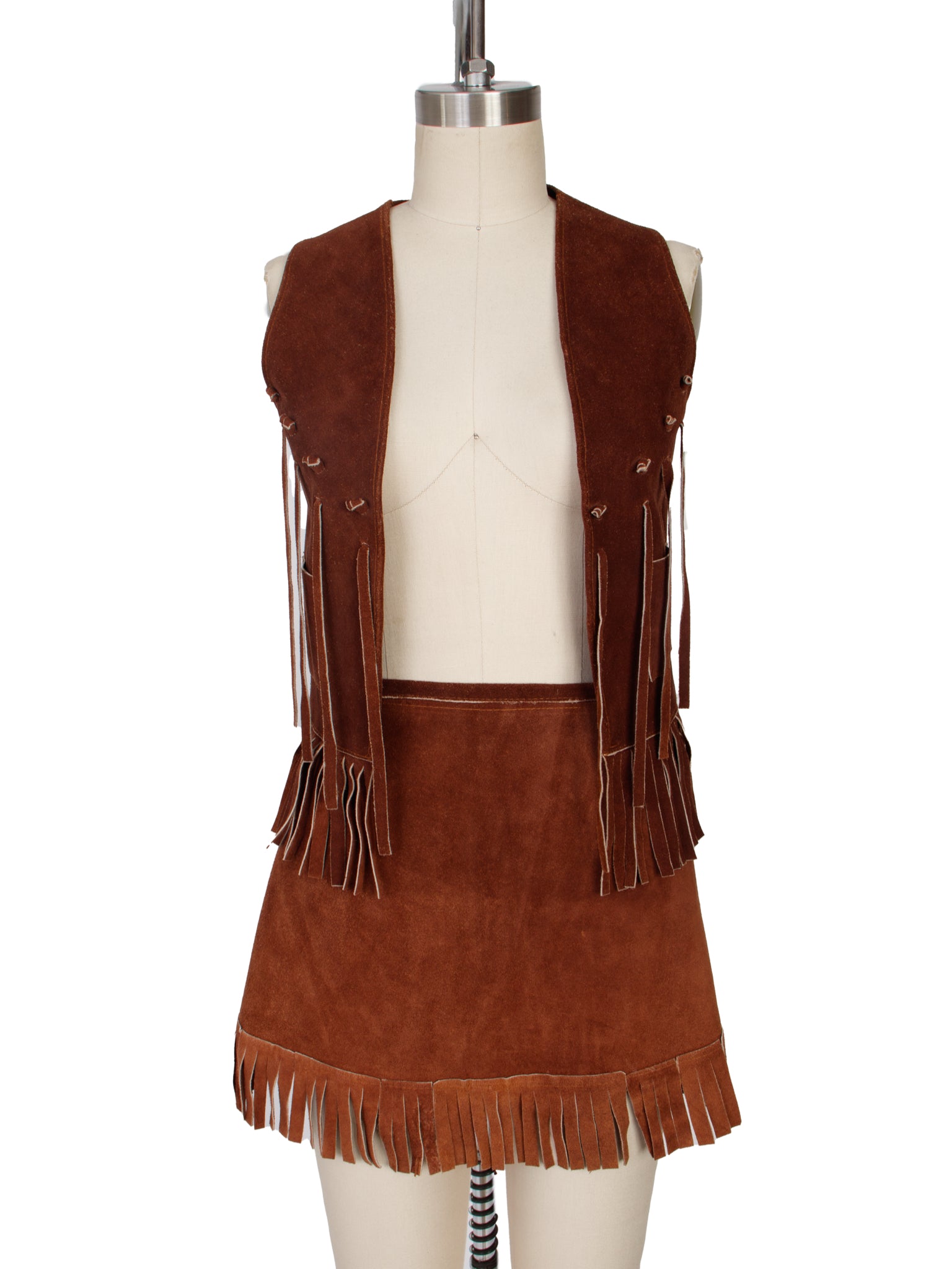 1970s Suede Fringe Trim Vest & Skirt Set