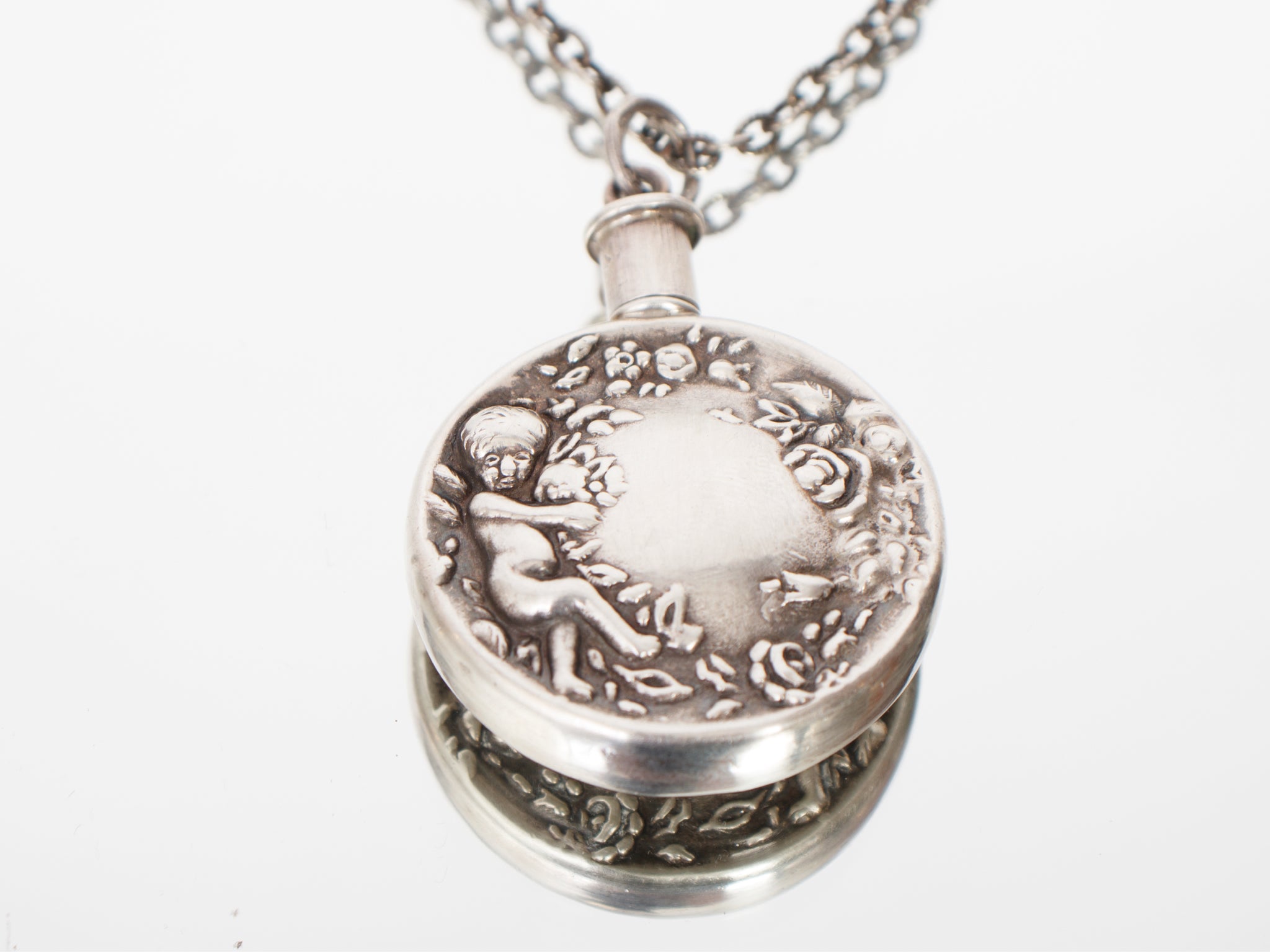 1970s Silver Cherub Perfume Bottle Pendant Necklace