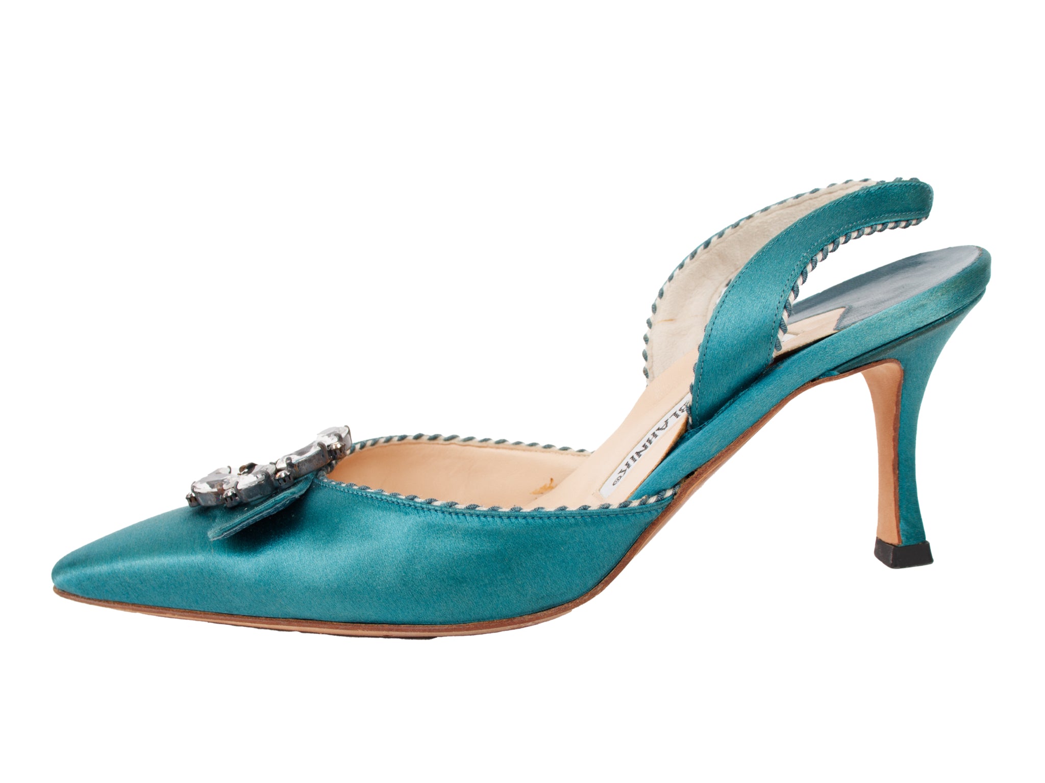 Manolo Blahnik Satin Rhinestone Buckle Slingbacks