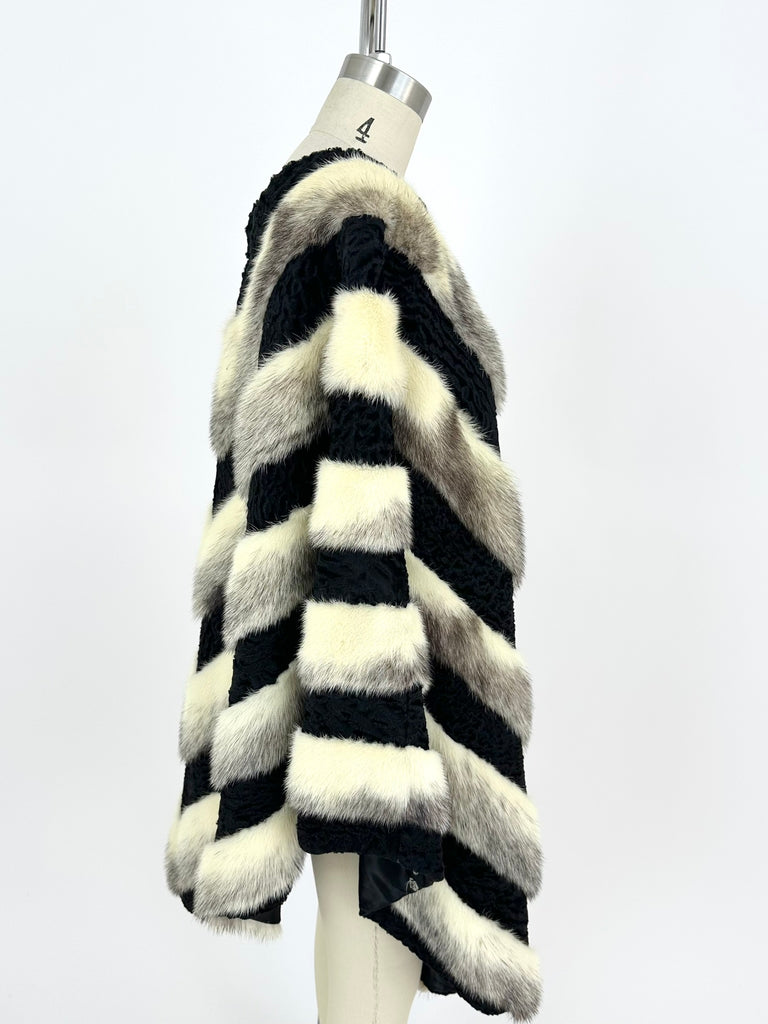 Silver Mink Curly Lamb Striped Poncho*