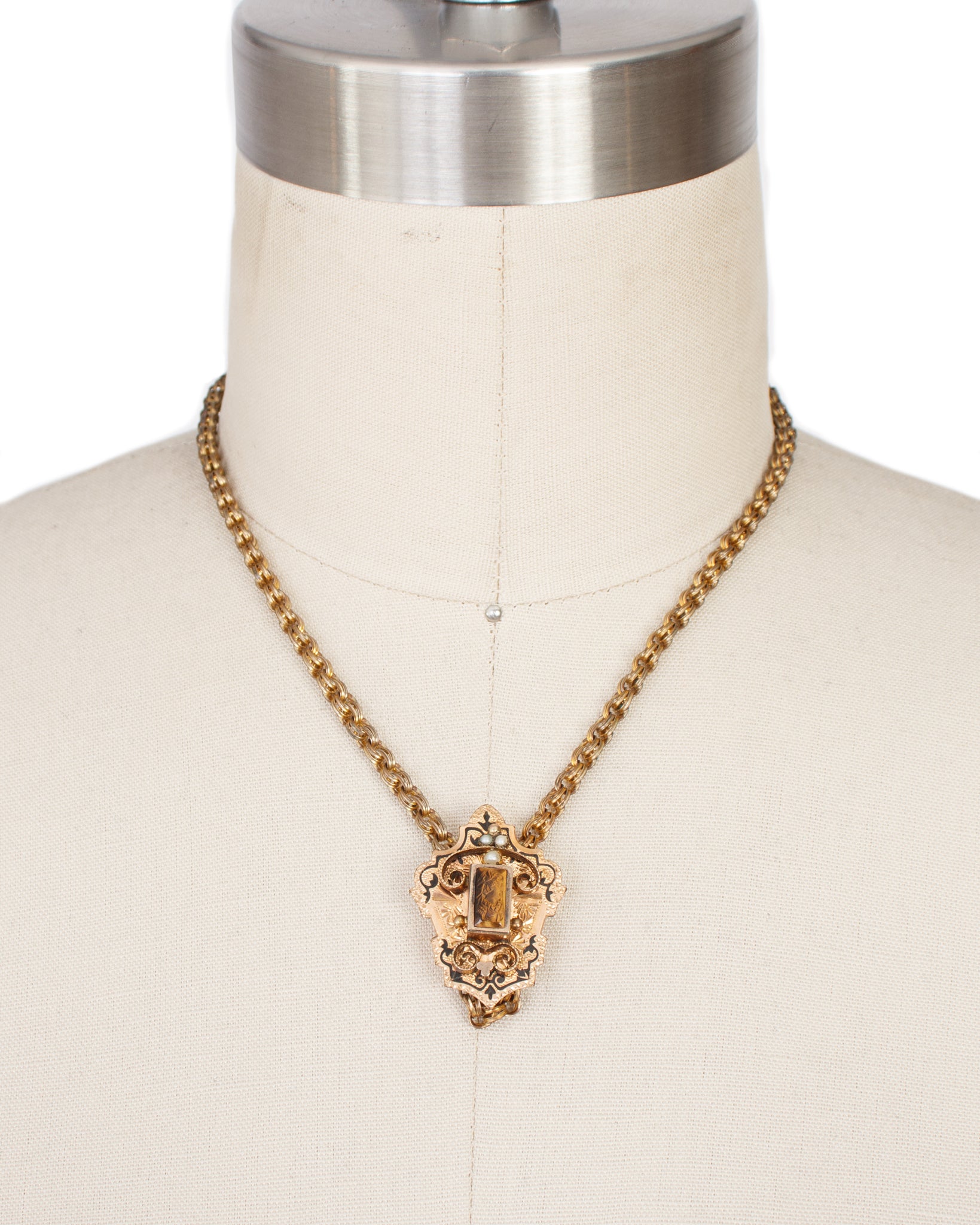 Victorian 12K Gold Fill Enamel & Seed Pearl Cameo Slider Chain Necklace