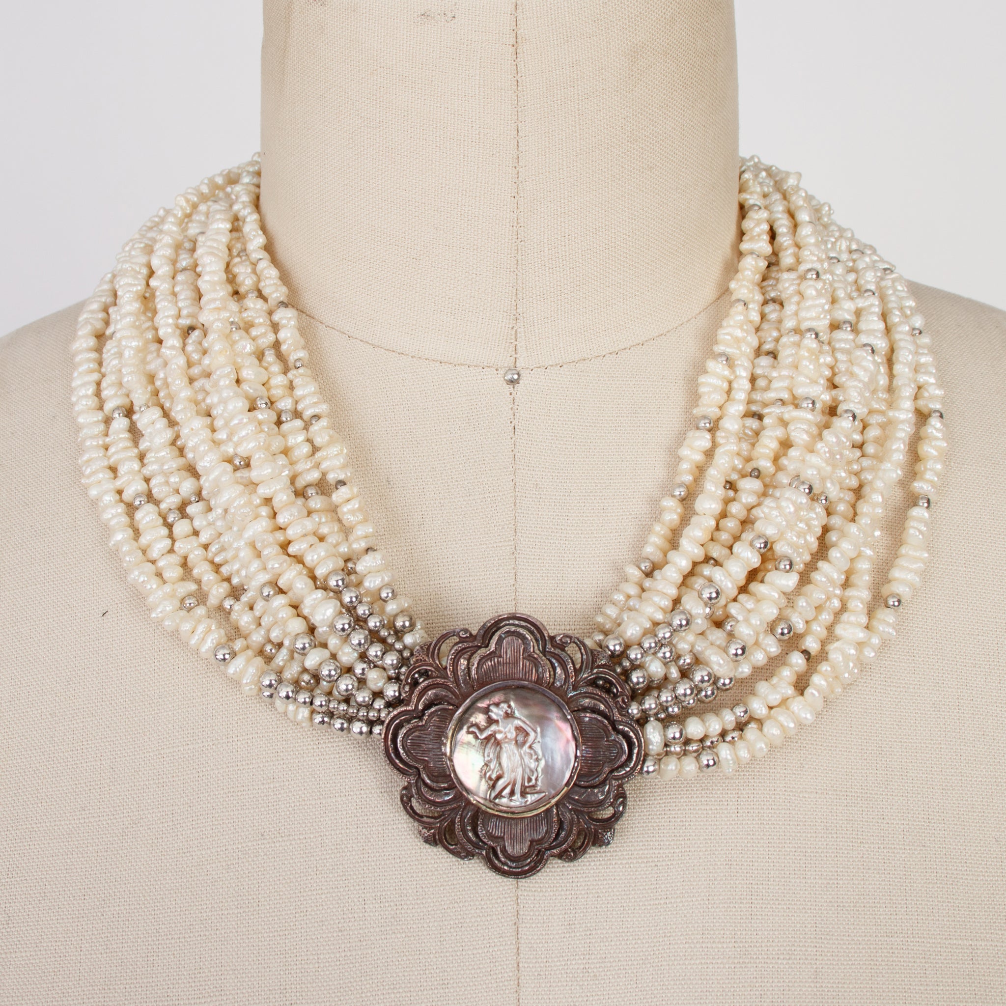 Stephen Dweck Sterling & Beaded Pearl Cameo Necklace
