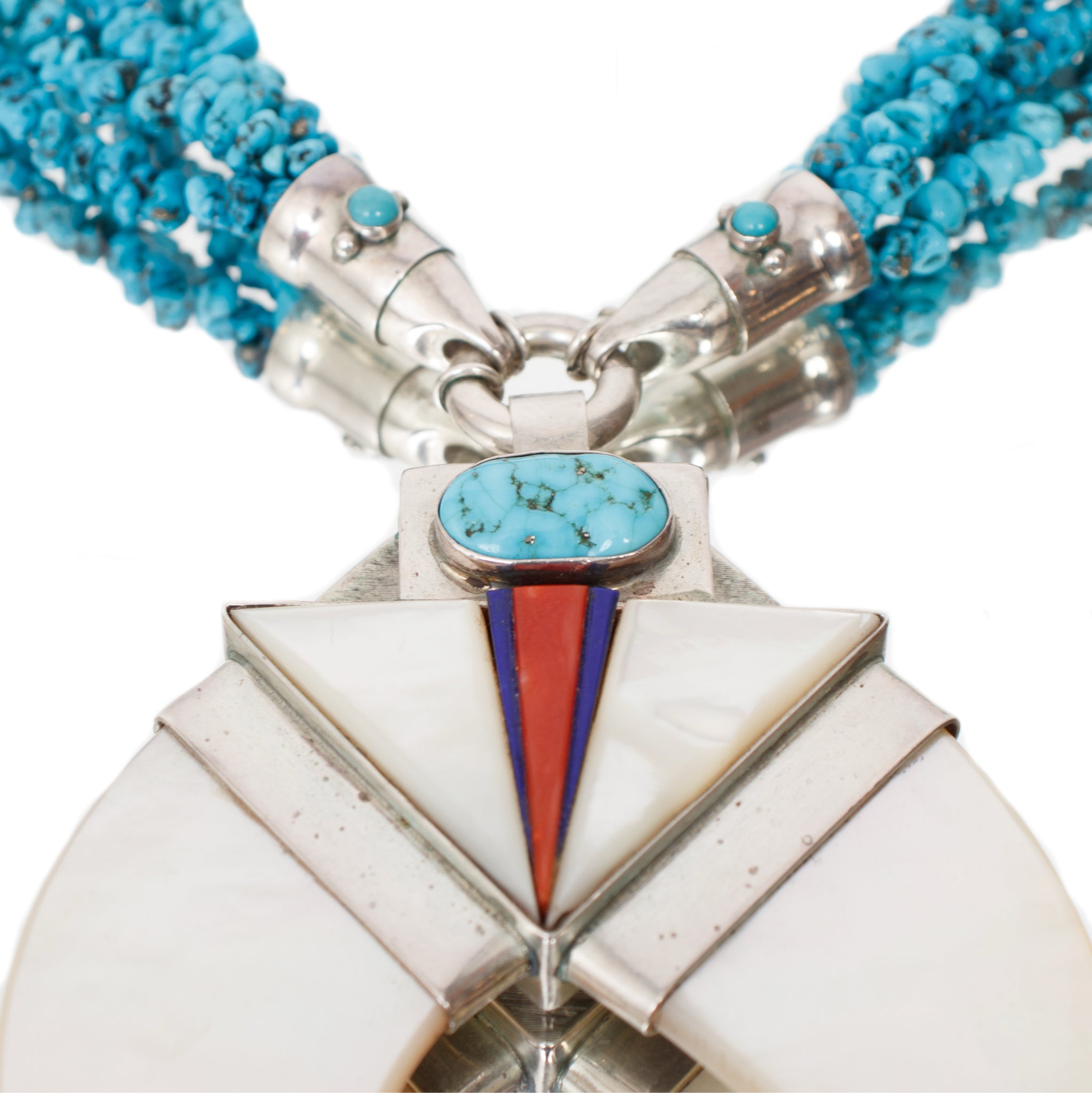 Sterling, Mother of Pearl & Turquoise Squash Blossom Necklace