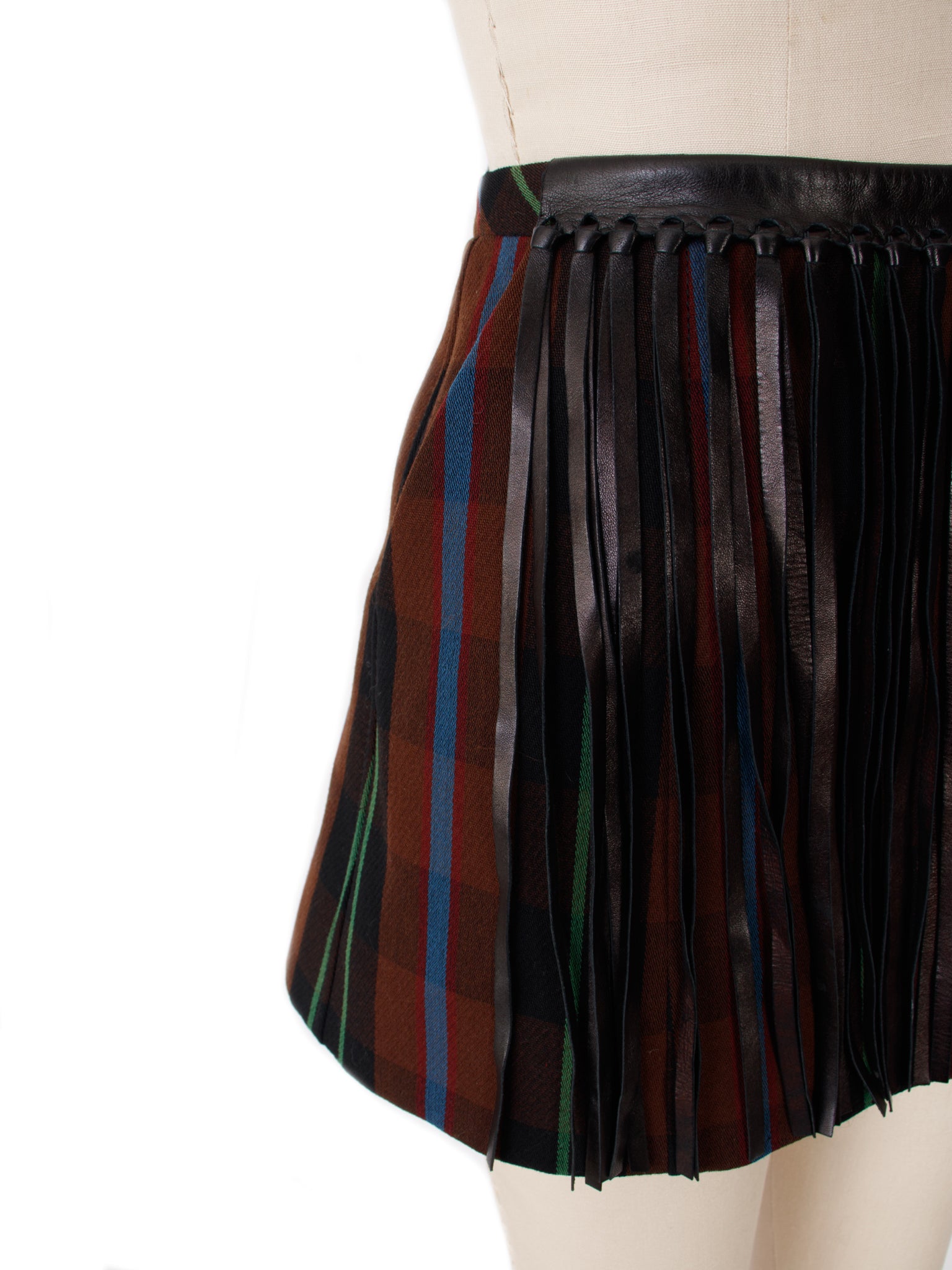 Louis Vuitton Wool Plaid & Leather Fringe Skirt