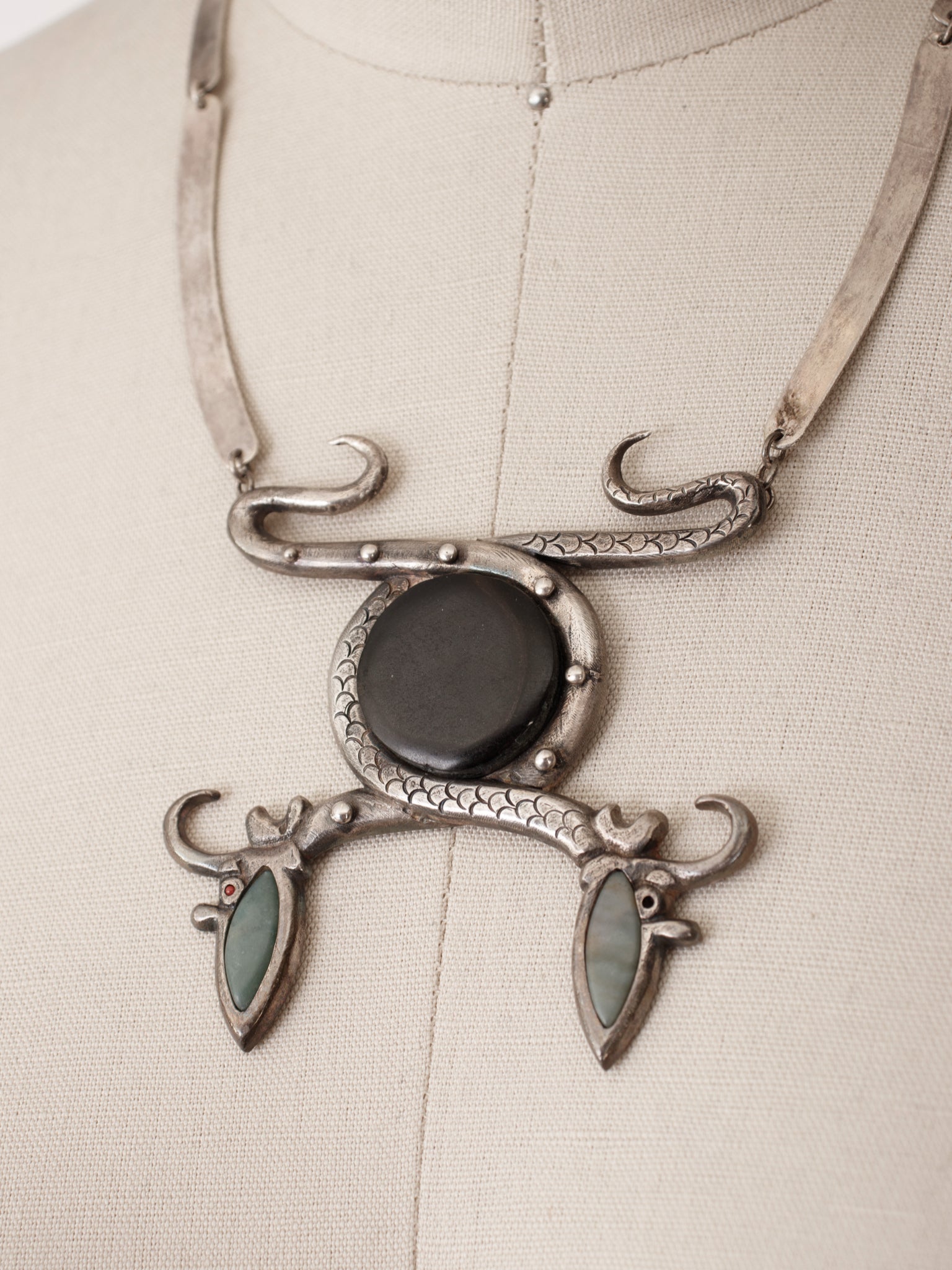 Sterling Silver & Onyx Inlay Double Snake Necklace