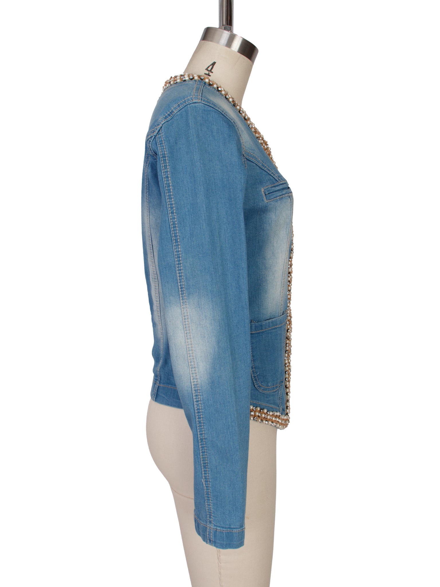 CLASS Roberto Cavalli Denim Faux Pearl & Crystal Beaded Jacket