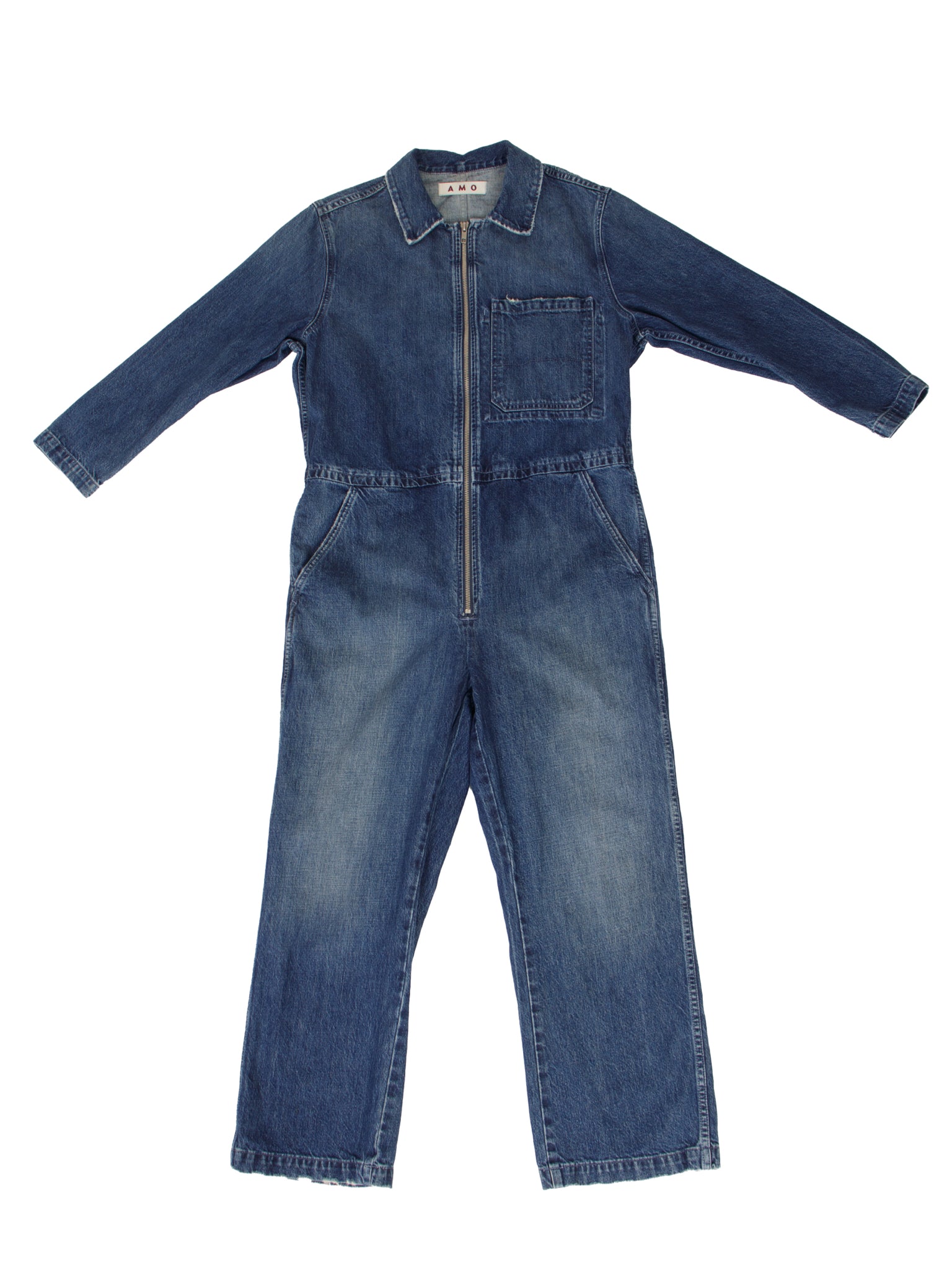 Amo Distressed Denim Zip Jumpsuit