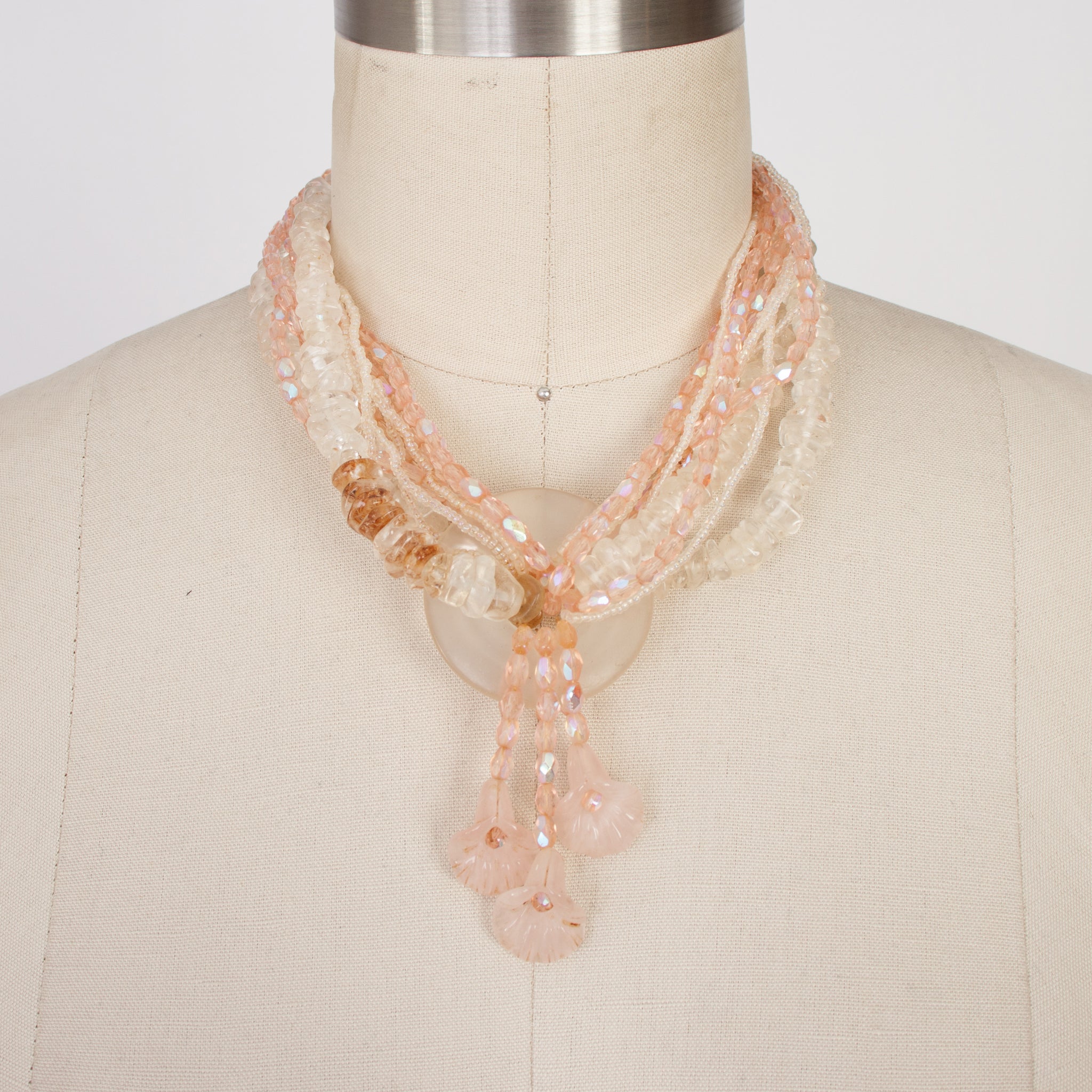 Rose Quartz & Crystal Multi-Strand Beaded Cala Lily Necklace