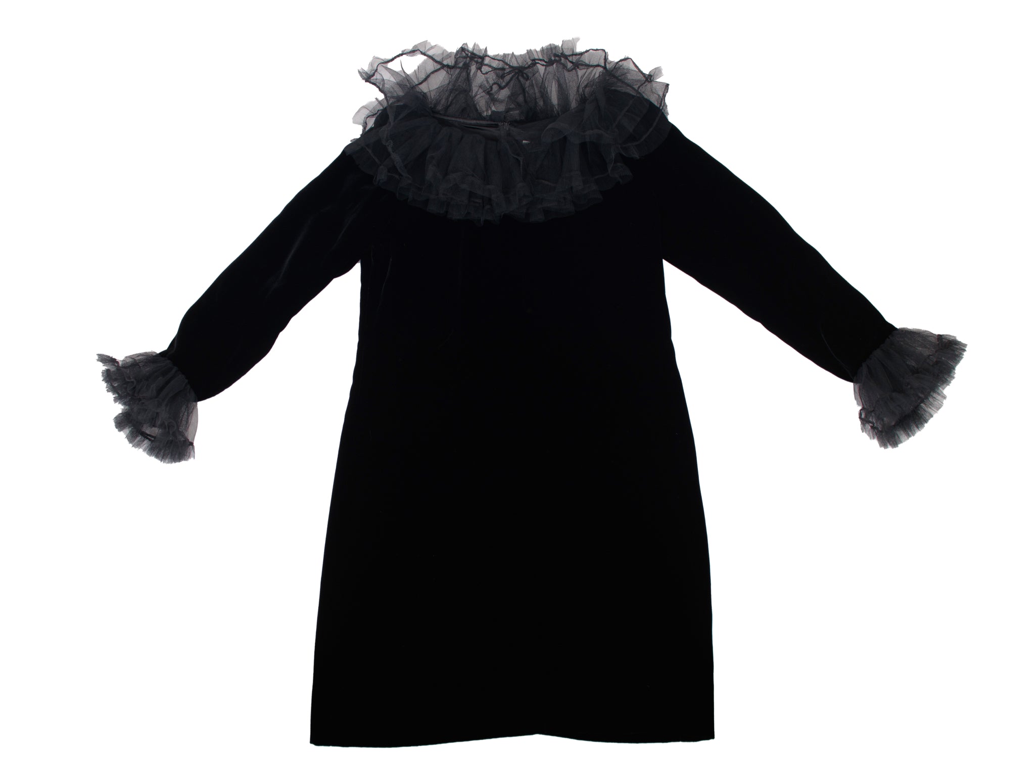 1980s Yves Saint Laurent Velvet & Tulle Trim Dress