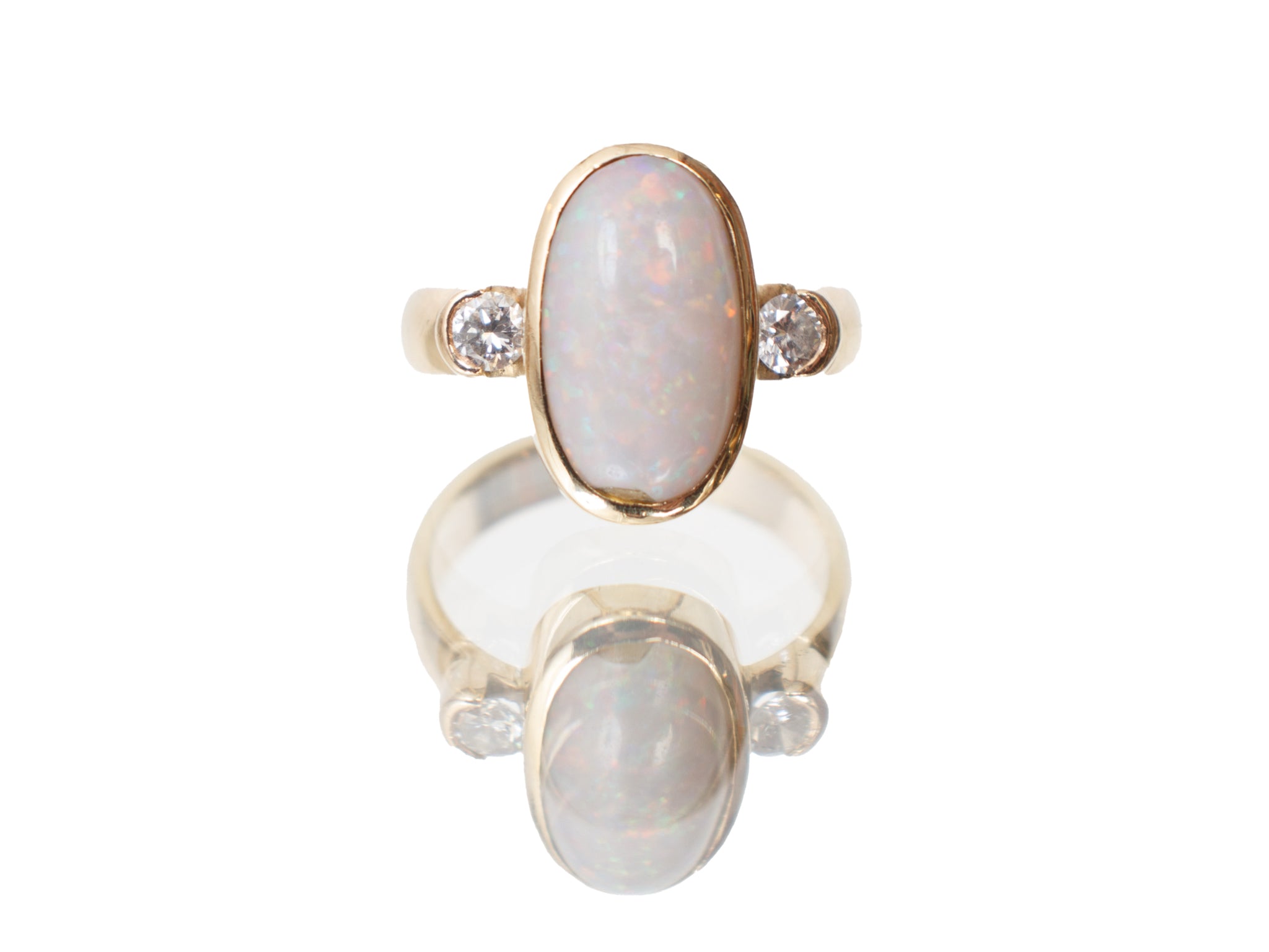 14k Gold Bezel Set Opal & Diamond Ring