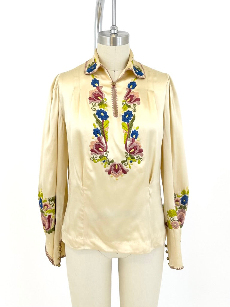 70s Silk Embroidered Blouse