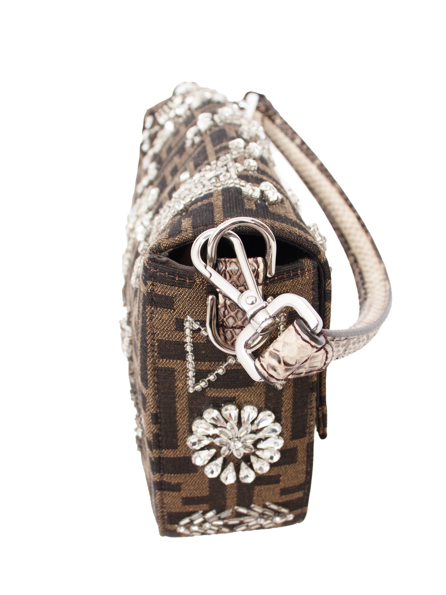 Fendi Re-Edition Zucca Crystal & Snakeskin Trim Baguette