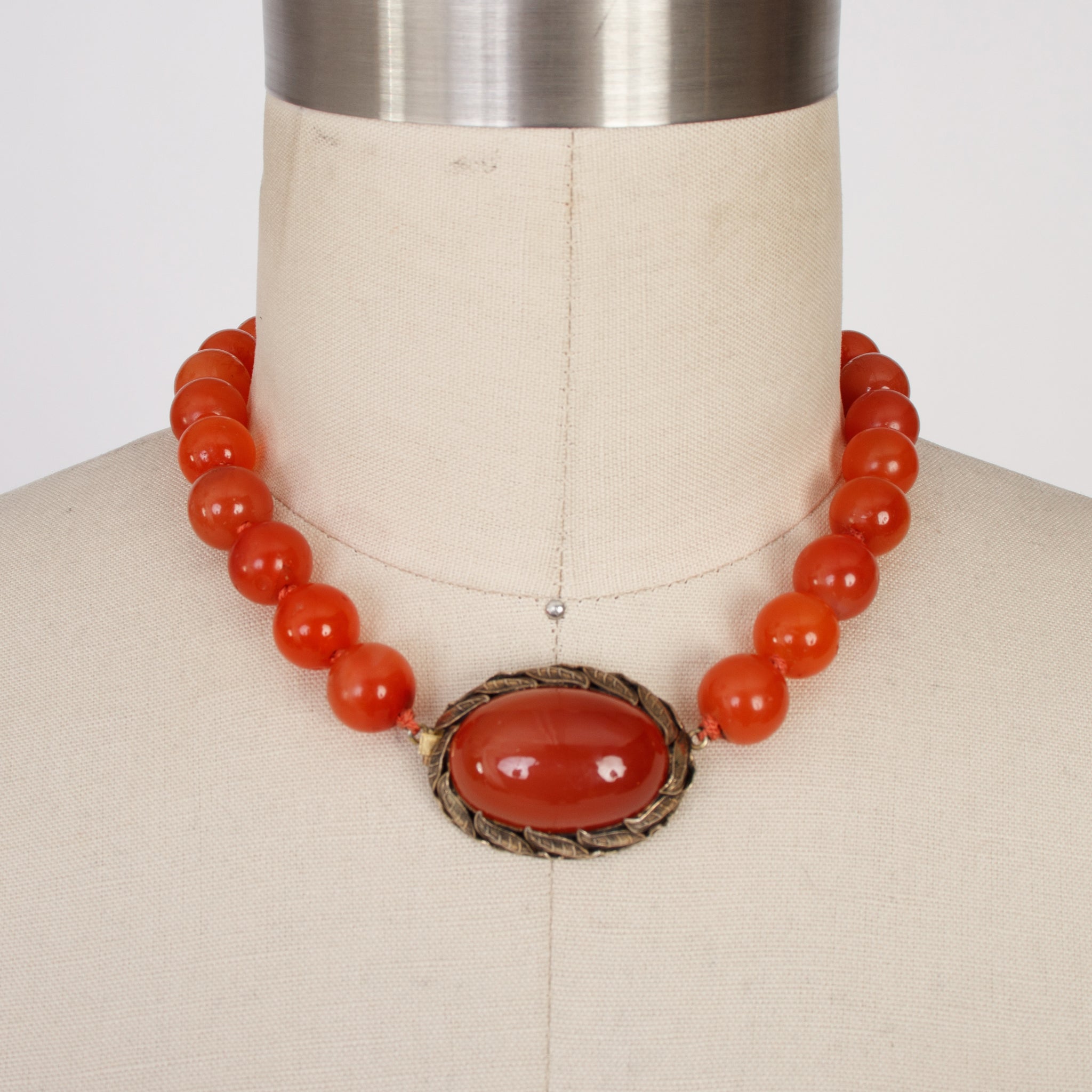 Sterling Leaf Bezel & Handknotted Carnelian Bead Necklace