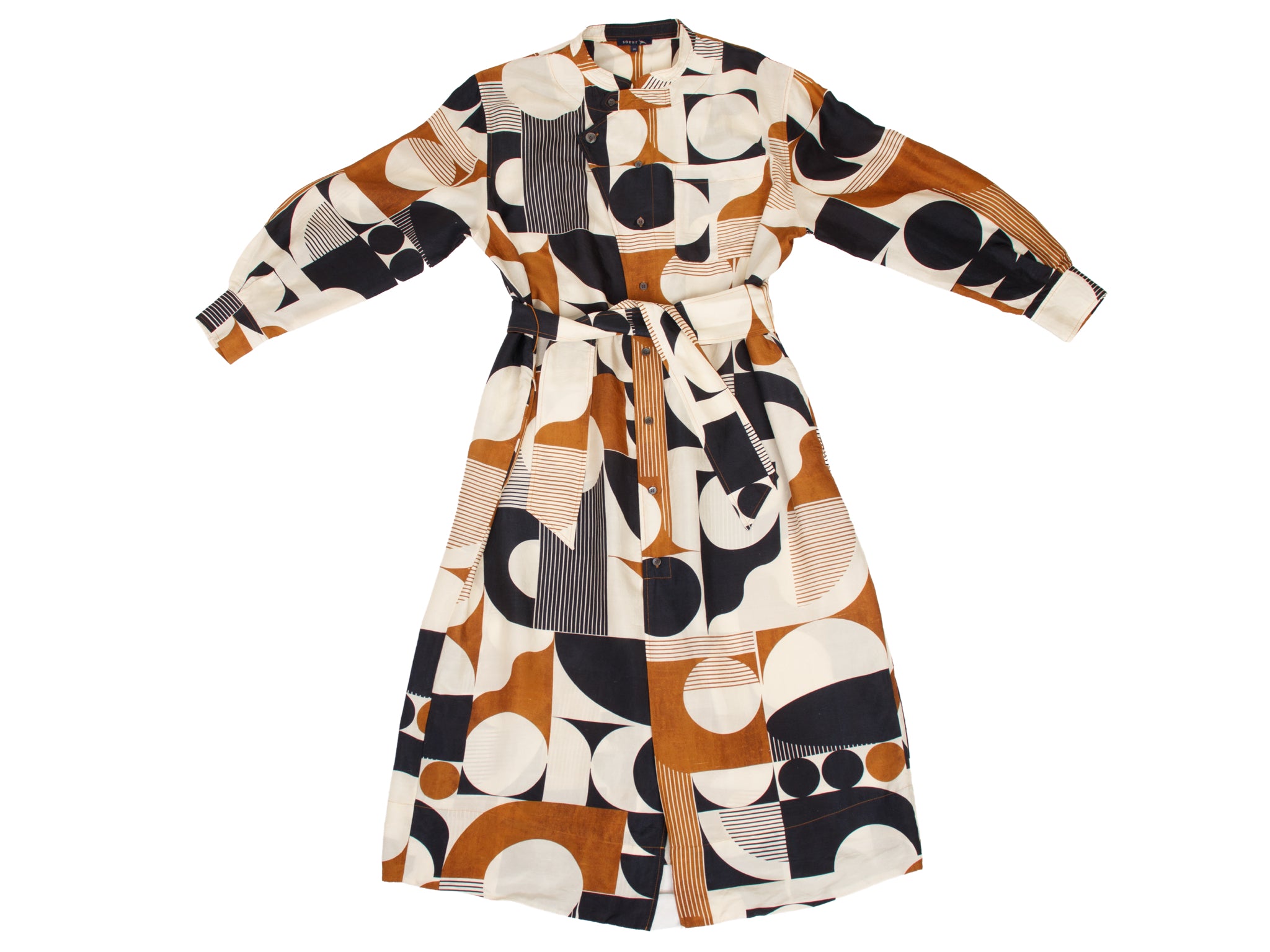 Soeur Silk Graphic Print Belted Dress