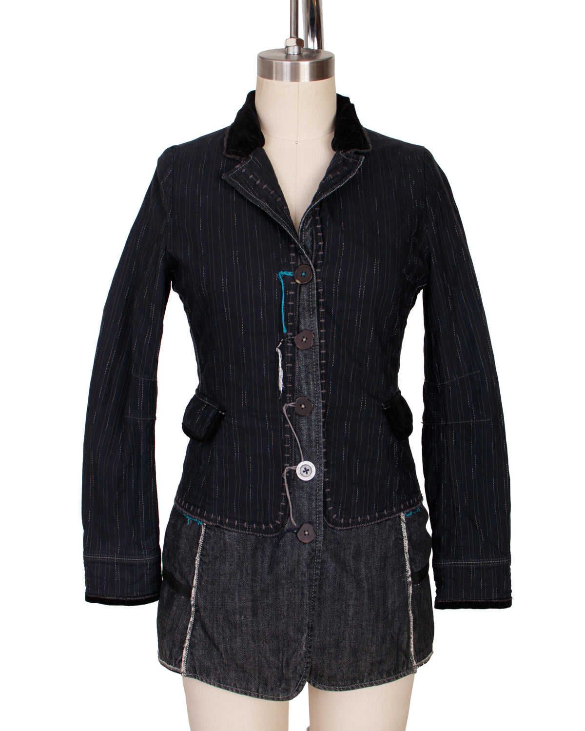 Marithe Francoise Girbaud Pinstripe & Denim Patchwork Jacket