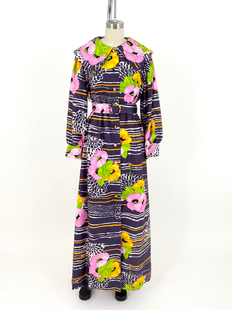70s Dynasty Floral Print Belted Dress