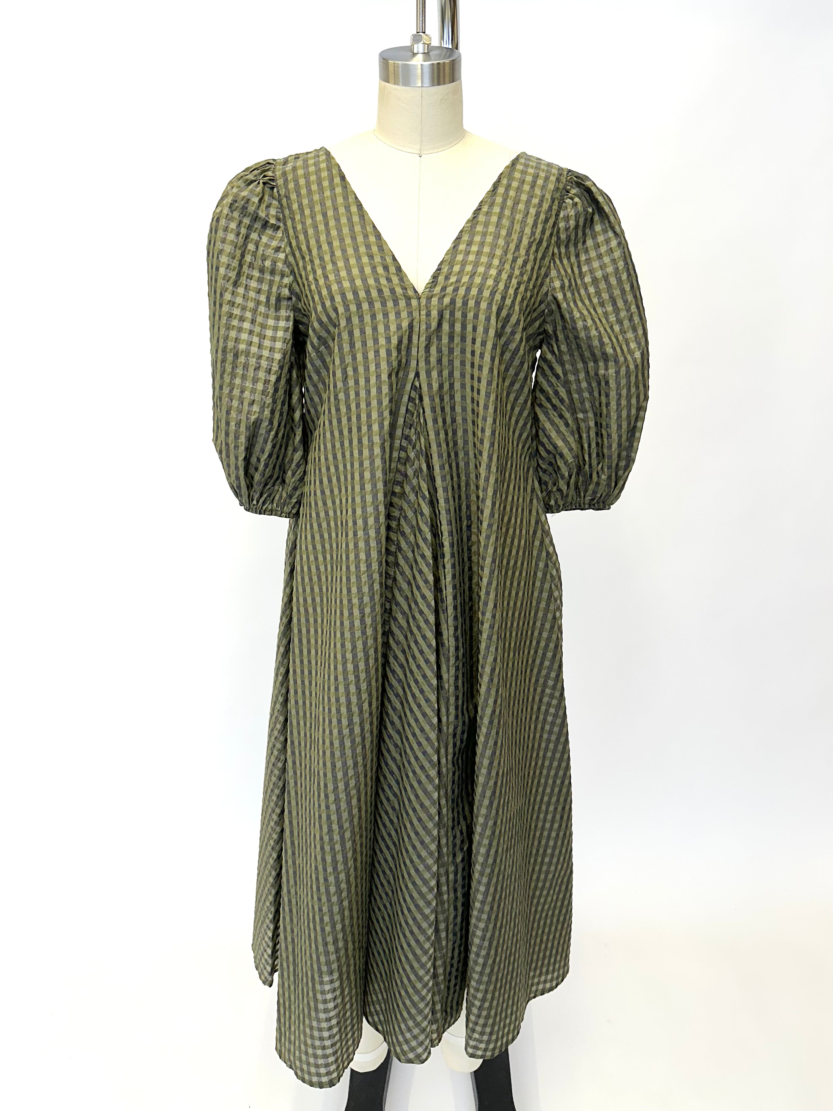 ★Ganni★ Puff sleeve V-neck striped dress light green F6582 GANNI Ripstop Puff Sleeve Midi Maxi Wrap Dress Sz:6 (38) NWT