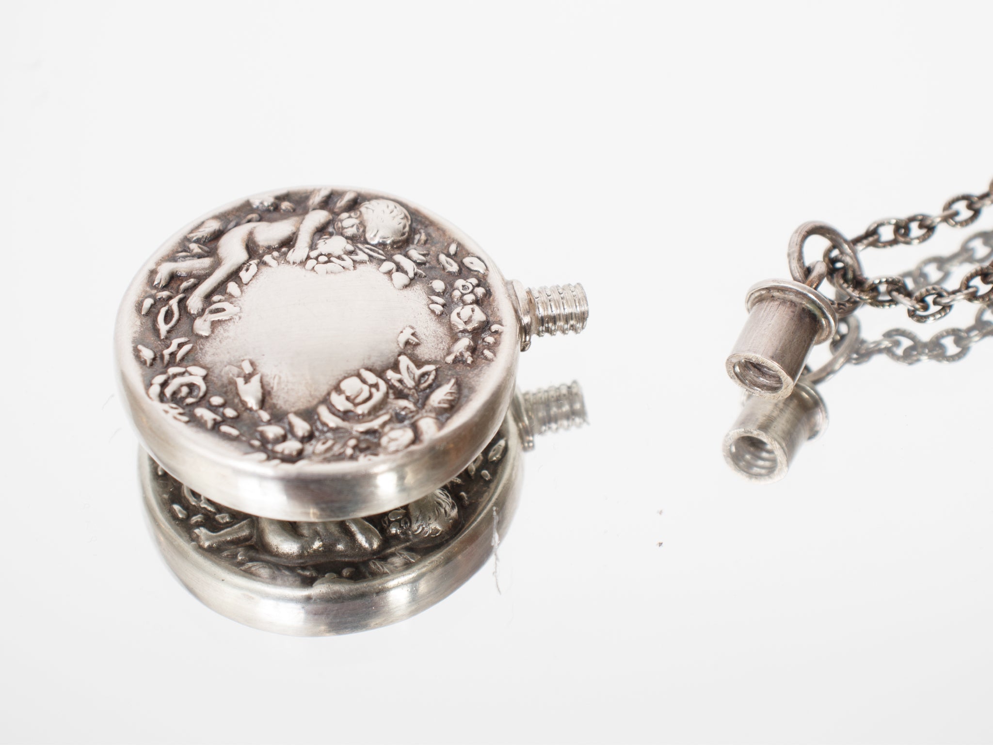 1970s Silver Cherub Perfume Bottle Pendant Necklace