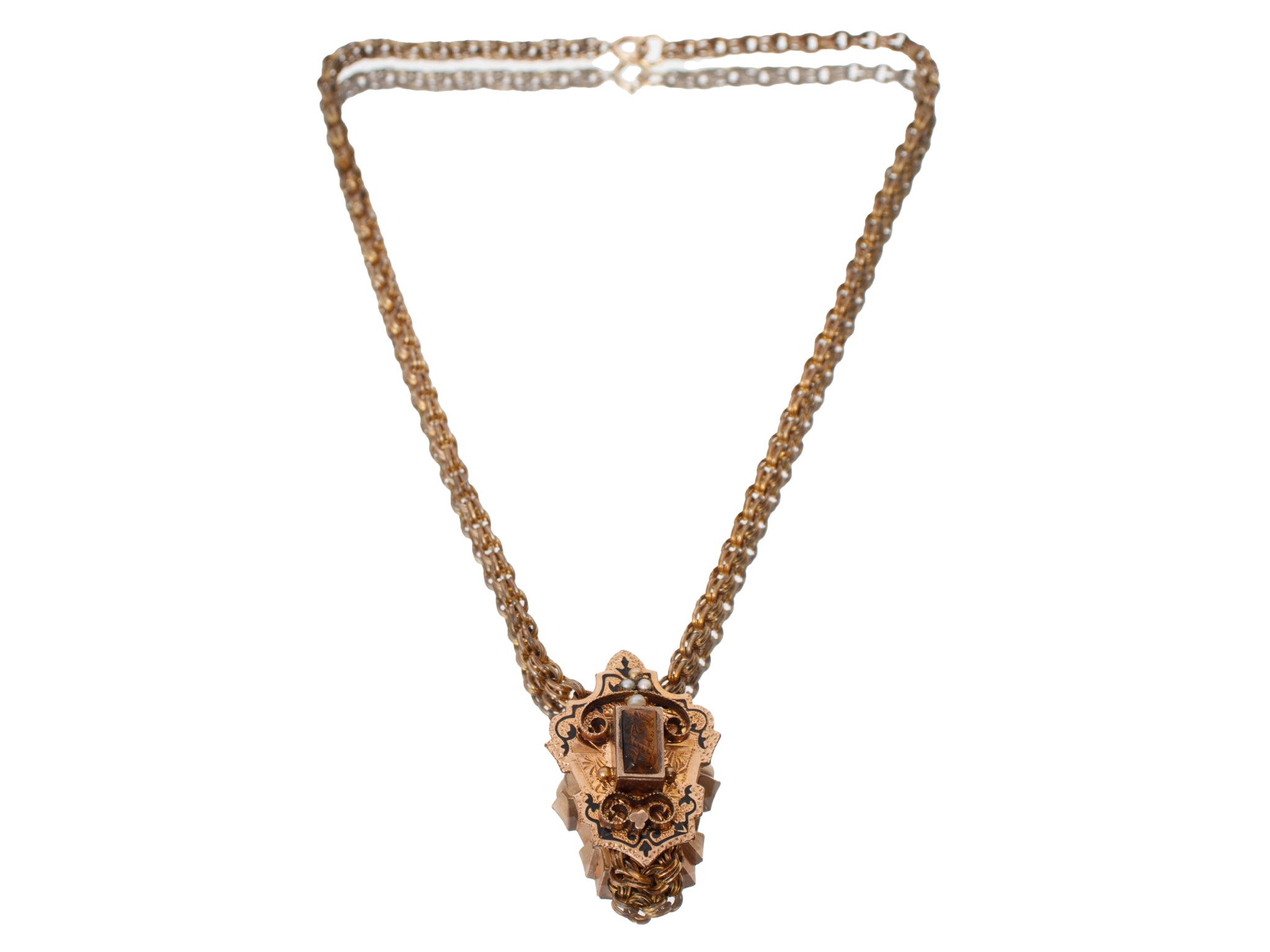 Victorian 12K Gold Fill Enamel & Seed Pearl Cameo Slider Chain Necklace