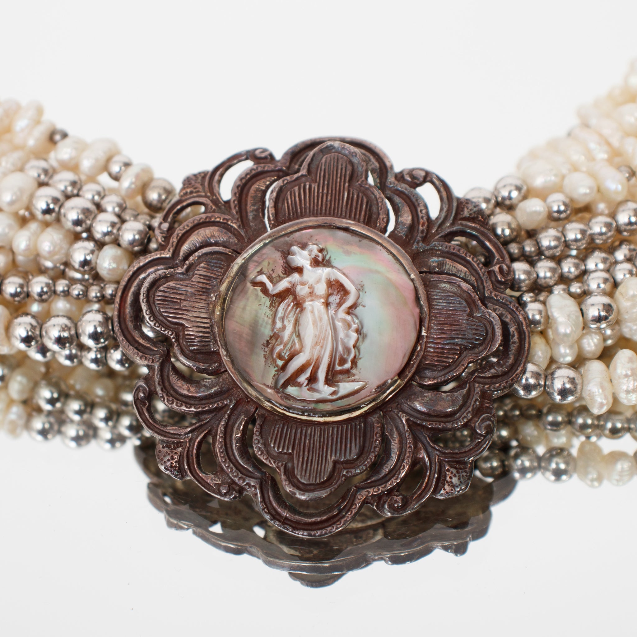 Stephen Dweck Sterling & Beaded Pearl Cameo Necklace