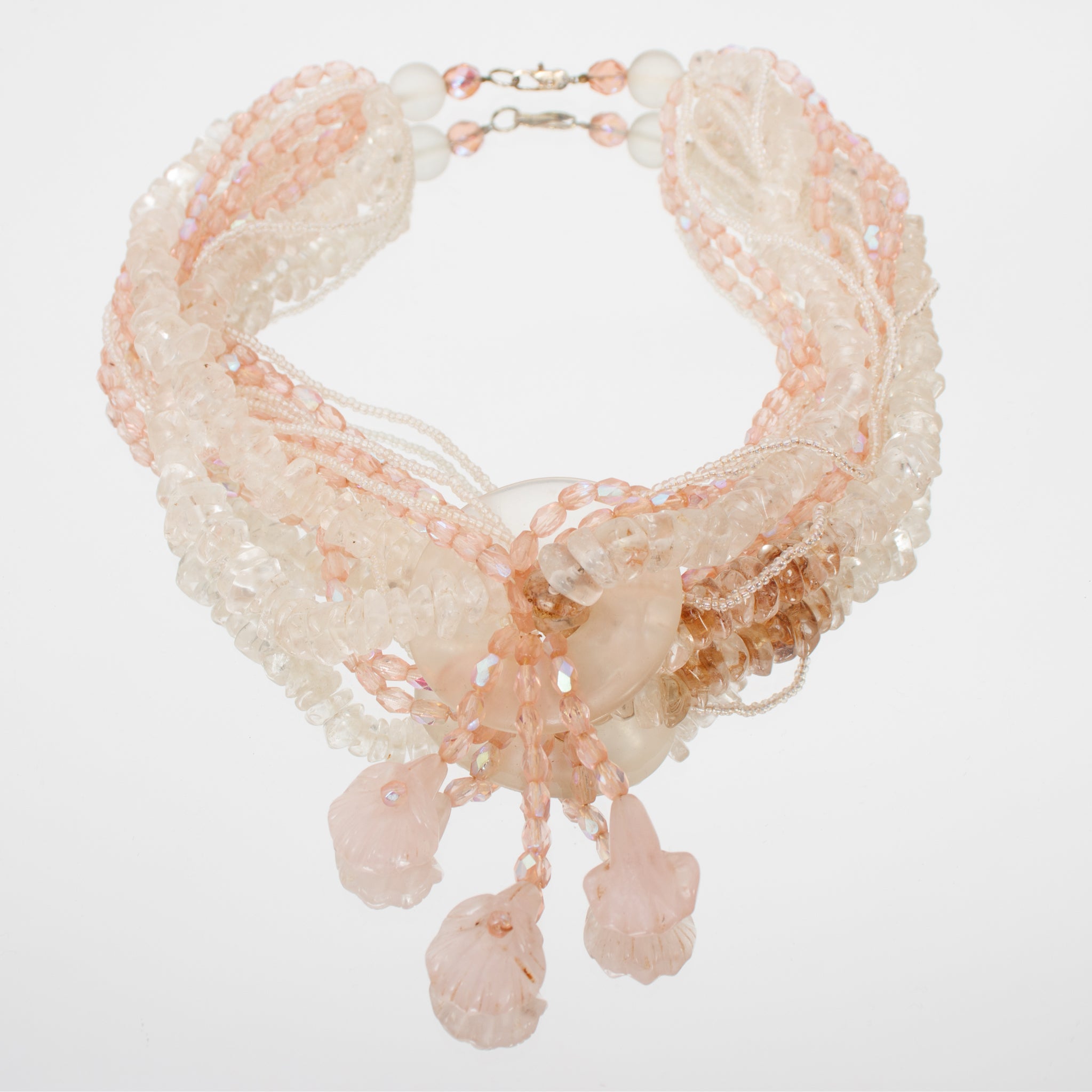 Rose Quartz & Crystal Multi-Strand Beaded Cala Lily Necklace