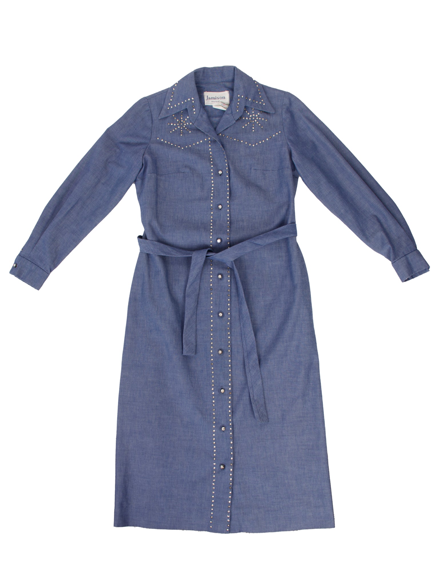 1970s Chambray & Rhinestone Trim Shirtdress