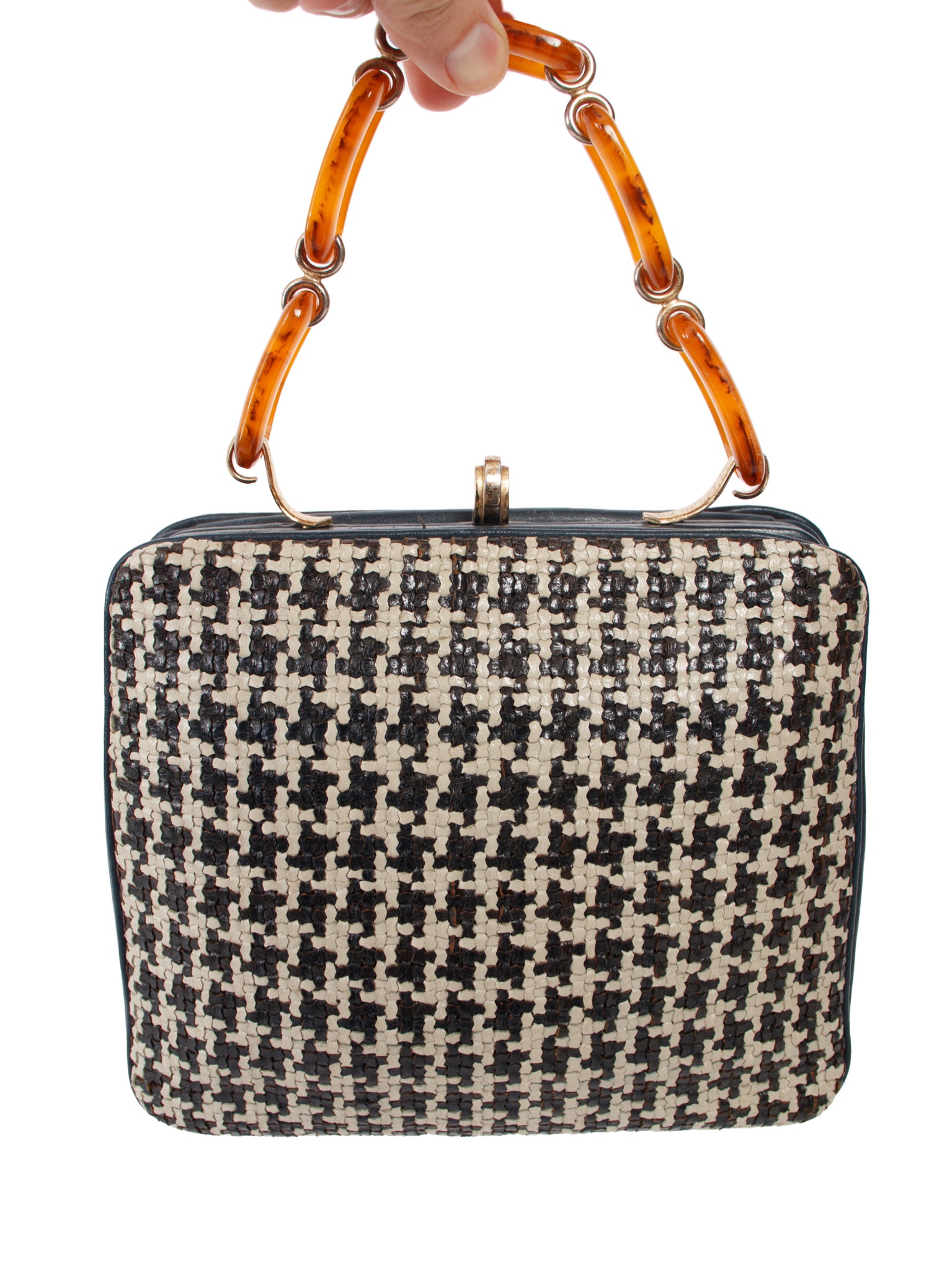 Woven Leather Houndstooth Chain Handle Frame Bag