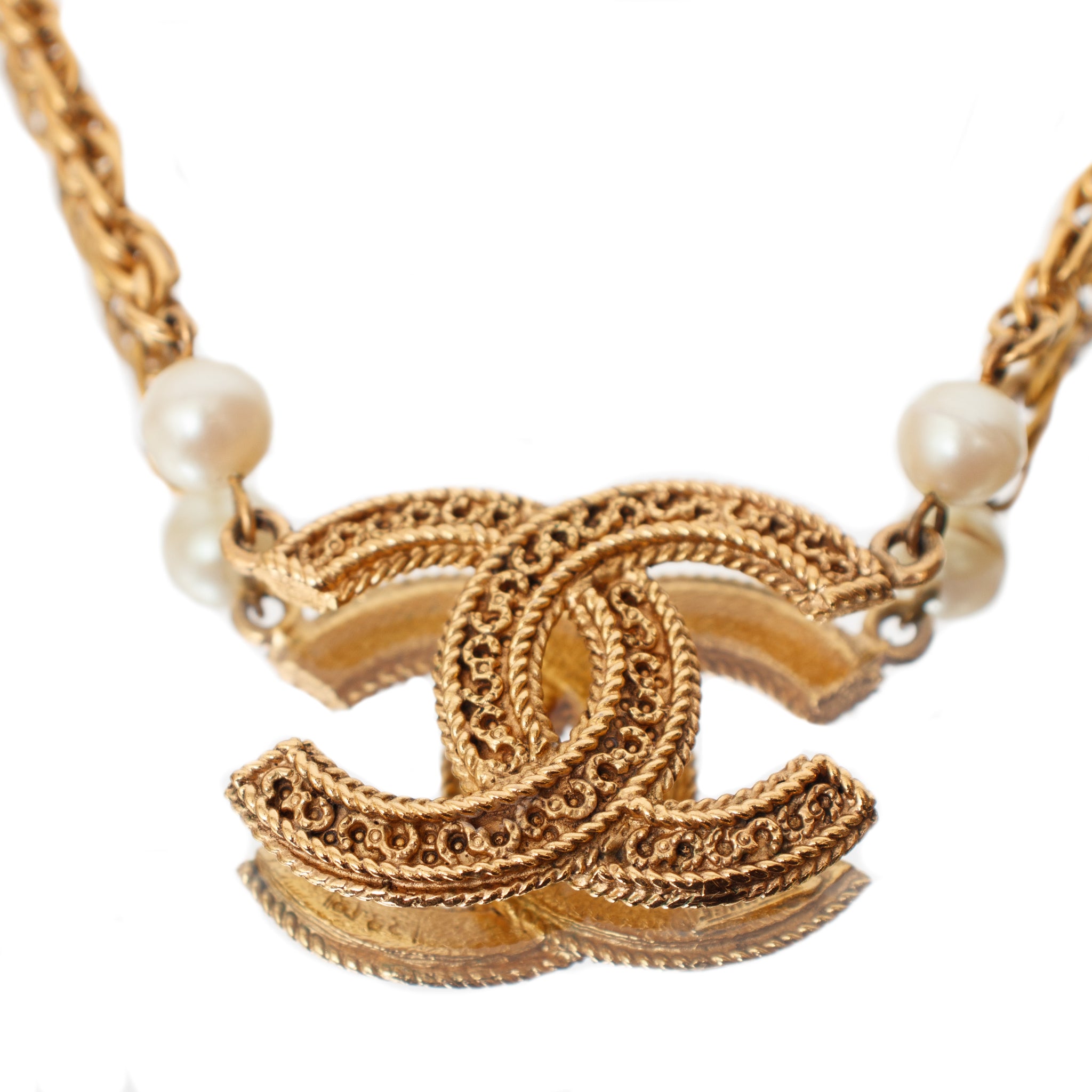 Chanel Faux-Pearl Gold-Tone CC Chain Necklace