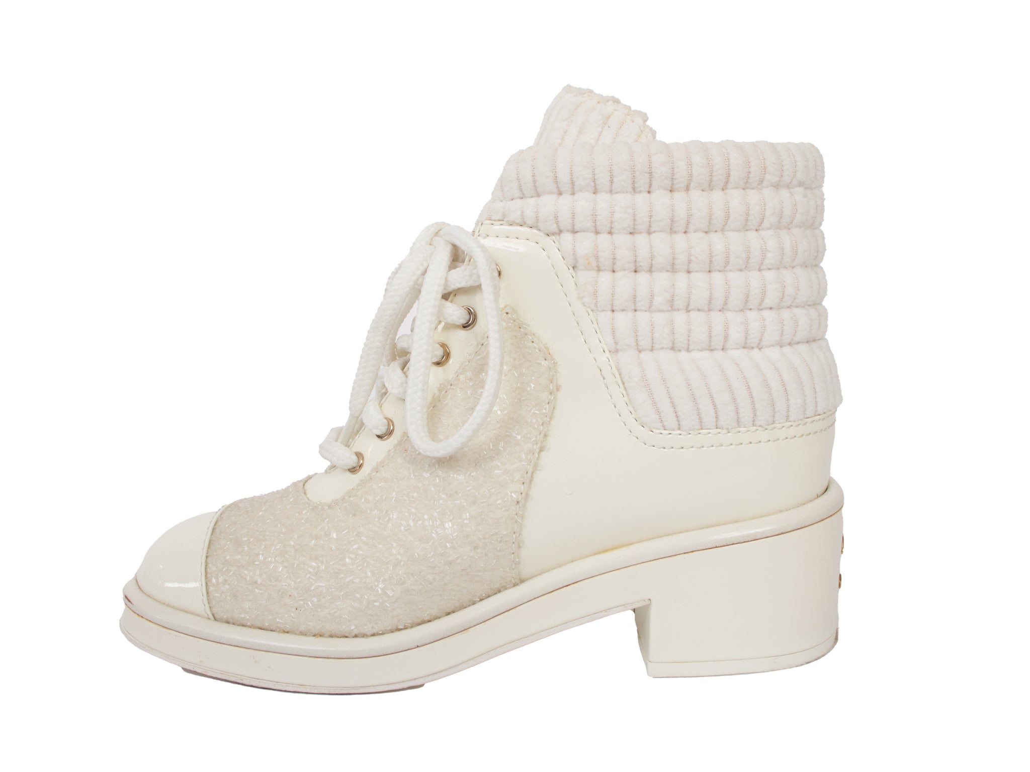 Chanel Cream Patent Tweed Combat Boots*