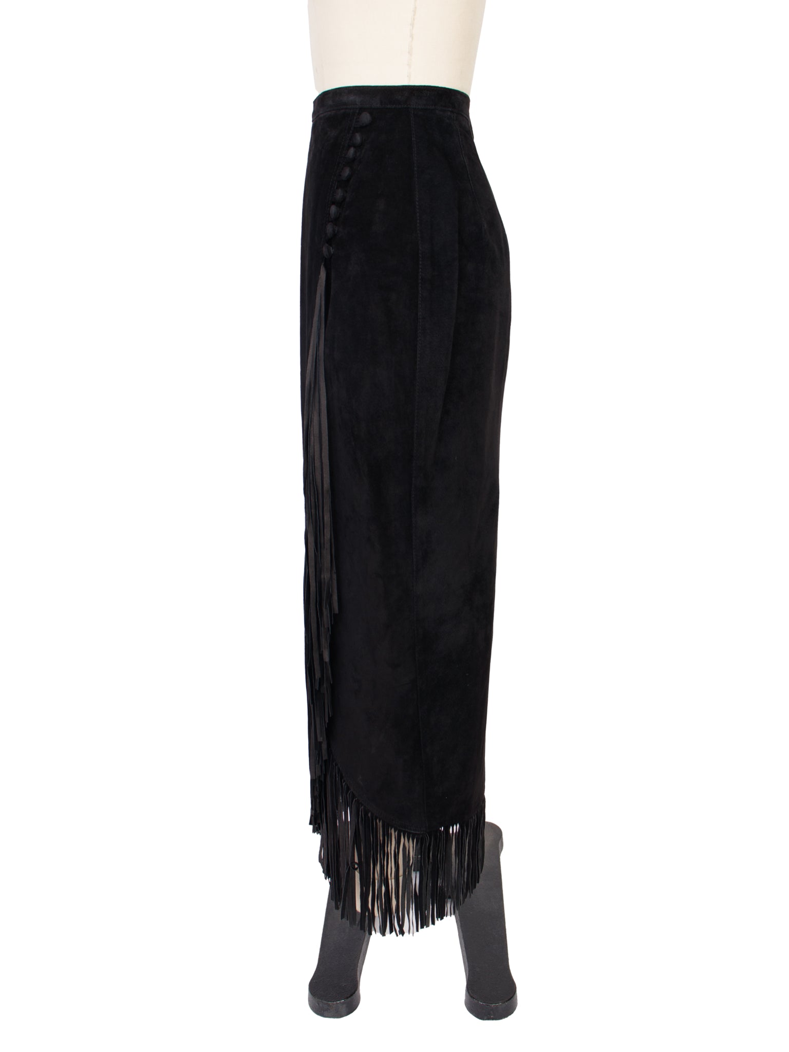 1980s Suede Fringe Wrap Panel Skirt